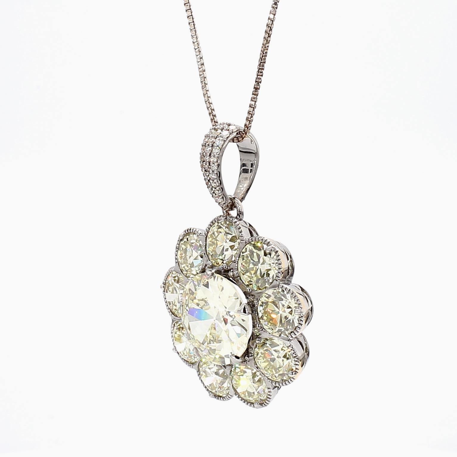Elevate your jewelry collection with this breathtaking 18K gold pendant, featuring a stunning 6.03-carat center diamond with a captivating OP color and SI1 clarity. Accentuated by an additional 10 carats of exquisite old European-cut diamonds with