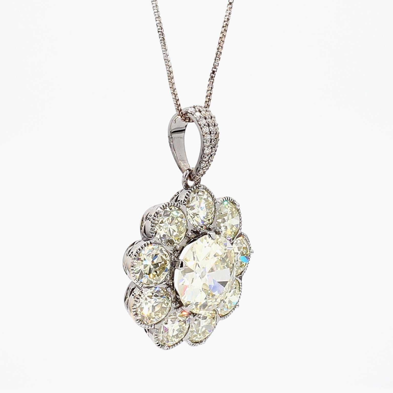 Round Cut 6.03 Carat Center Diamand & 10 Carat Old Euro Diamond Pendant in 18K Gold For Sale