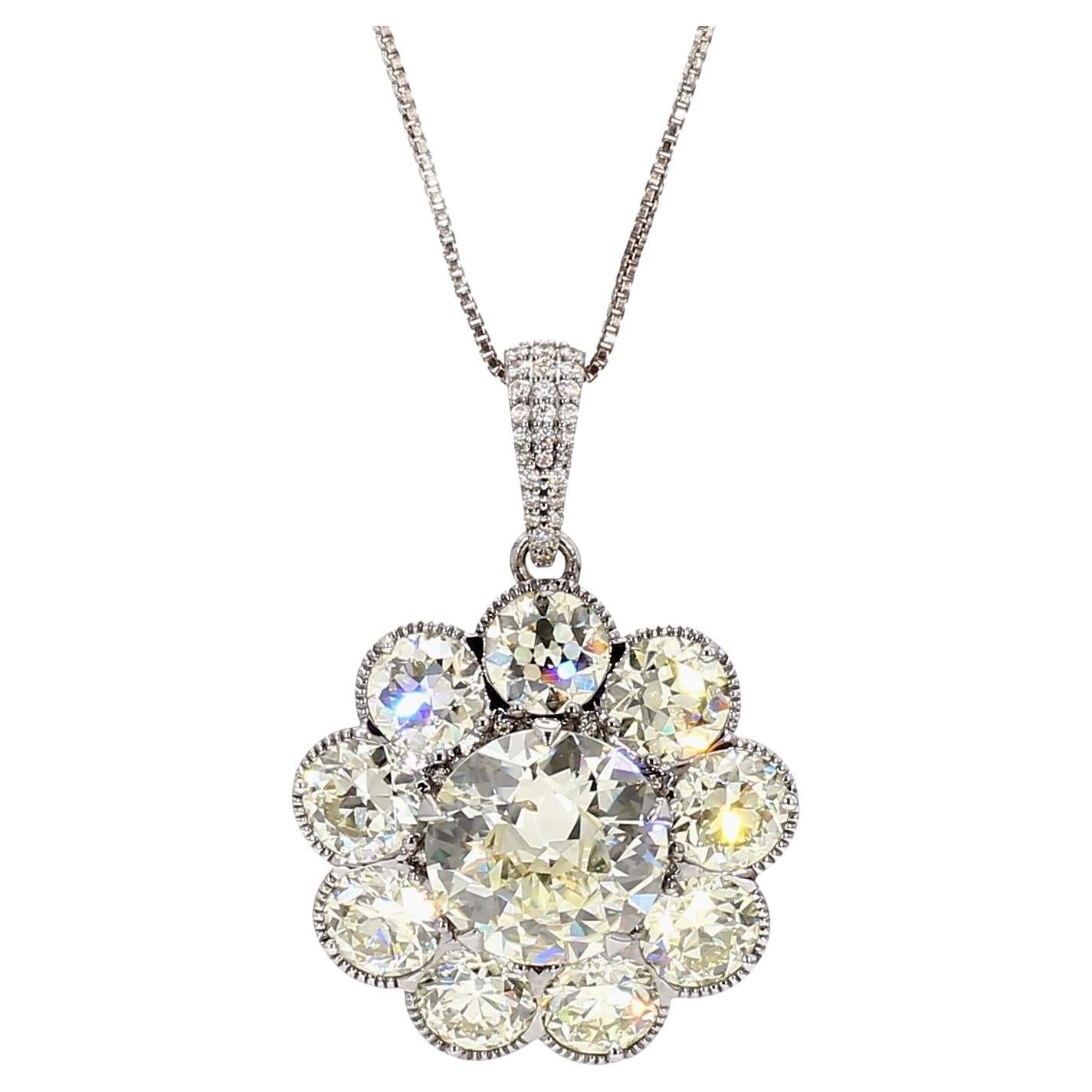 6.03 Carat Center Diamand & 10 Carat Old Euro Diamond Pendant in 18K Gold