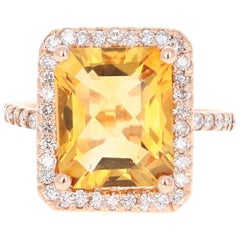 6.03 Carat Emerald Cut Citrine Diamond 14 Karat Rose Gold Engagement Ring
