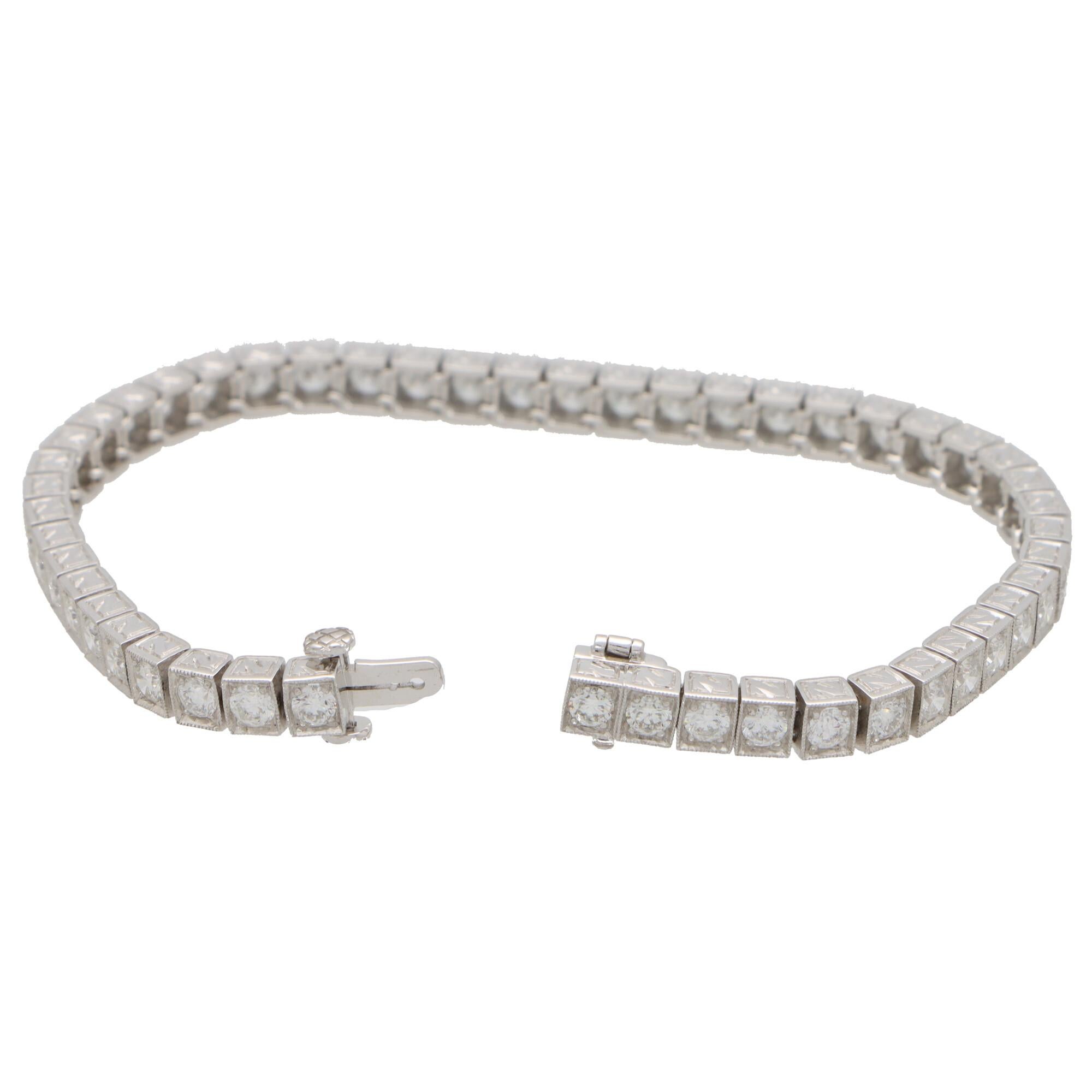 Women's or Men's 6.03 Carat Diamond Line Tennis Bracelet Set in Platinum For Sale