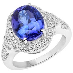 6.03 Carat Genuine Tanzanite and Diamond 14 Karat White Gold Cocktail Ring