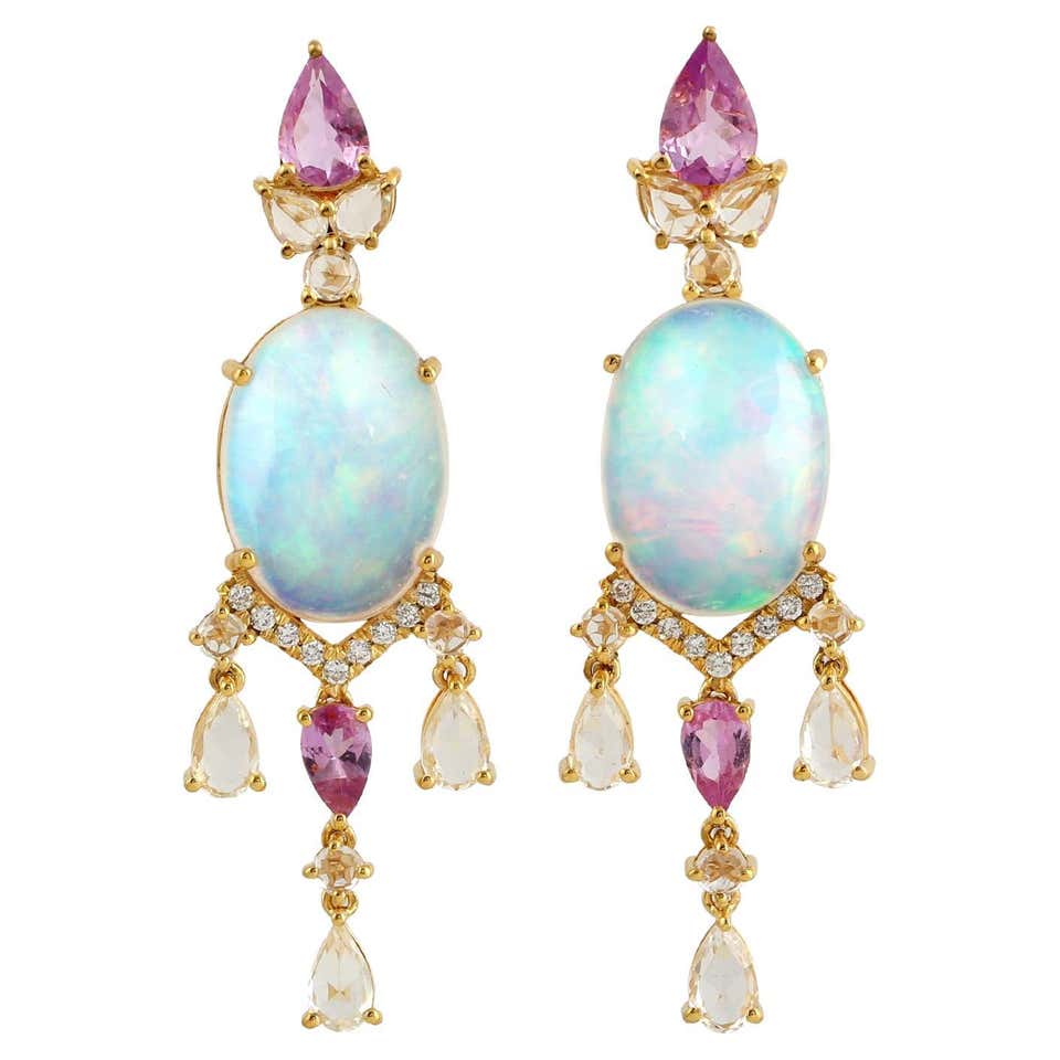Pink Opal Earrings in 14 Karat Yellow Gold For Sale at 1stDibs
