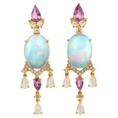 Boucles d'oreilles en or 14 carats avec opale de 6,03 carats, saphir rose et diamant