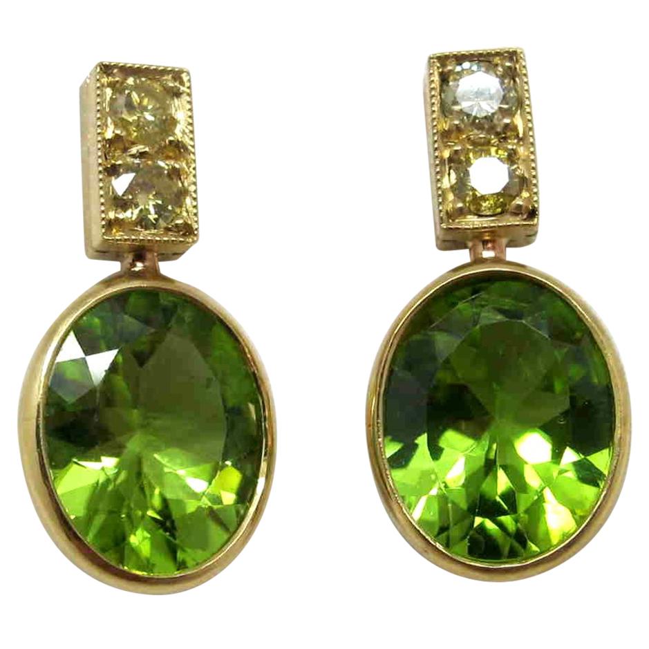 6.03 Carat Peridots with 0.40 Carat Diamond 18 Karat Yellow Gold Earrings