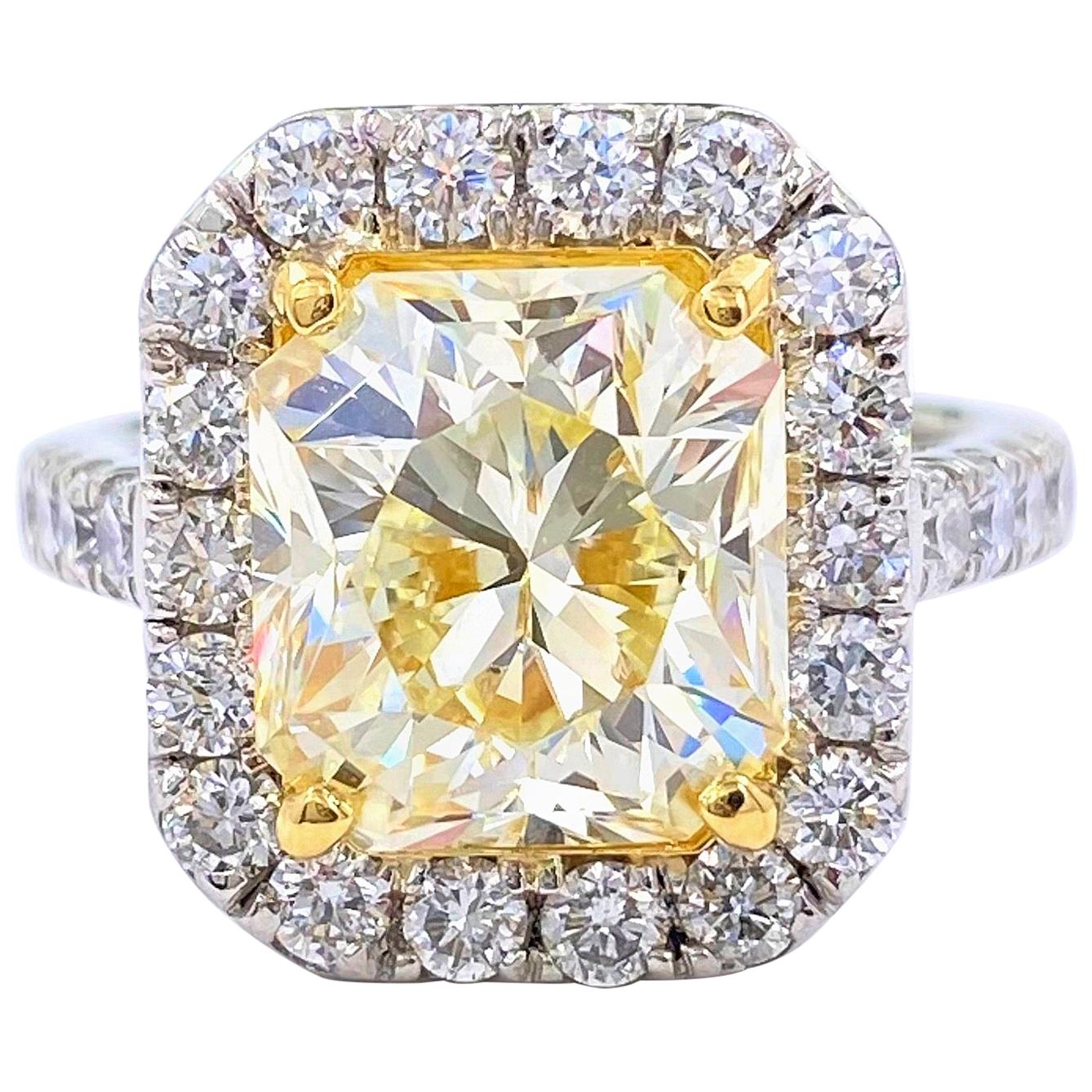 6.03 Carat Radiant Diamond Halo Platinum Engagement Ring GIA For Sale