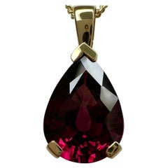 6.03 Carat Rhodolite Garnet Vivid Pink Purple Pear Yellow Gold Pendant Necklace