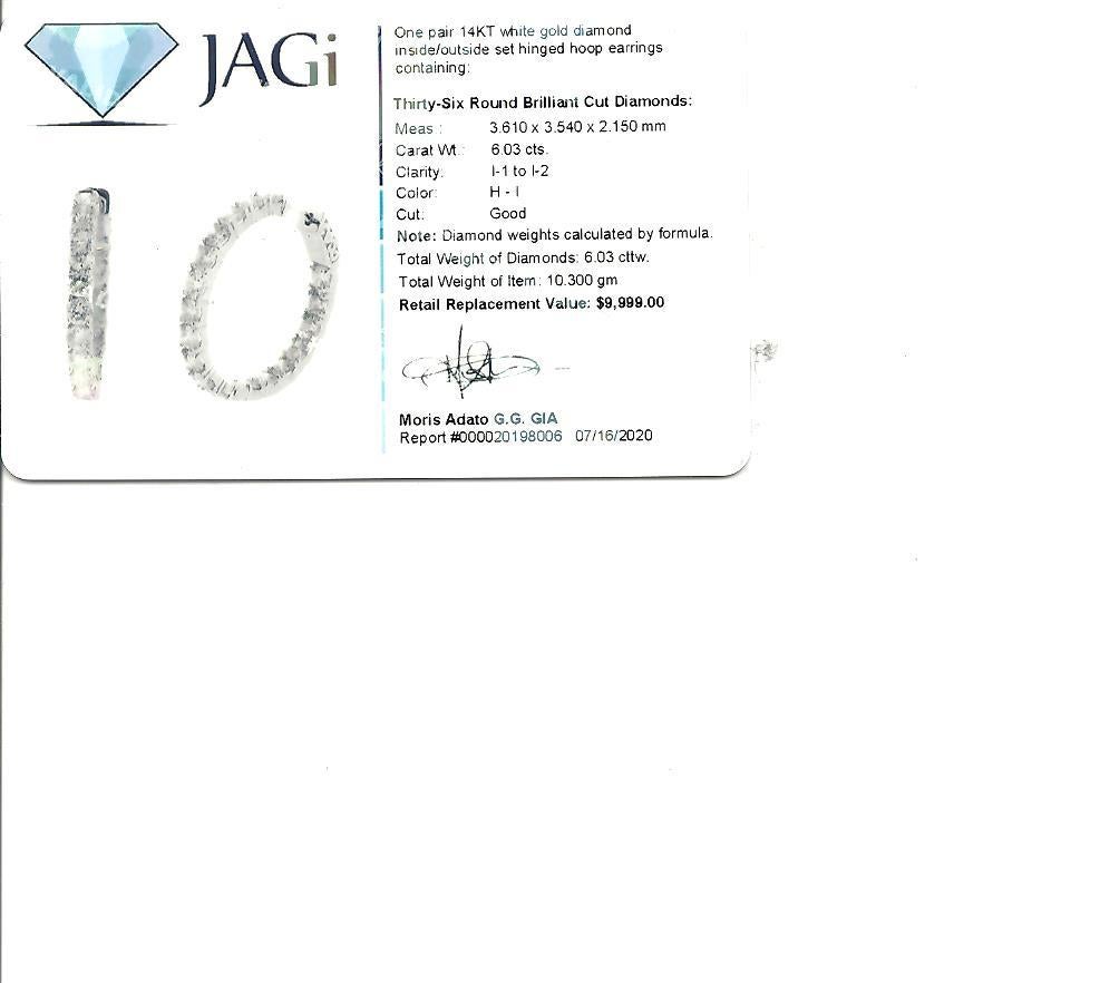 6.03 Carat Round Brilliant Diamond Hinged Hoop Earrings 14 Karat White Gold For Sale 8