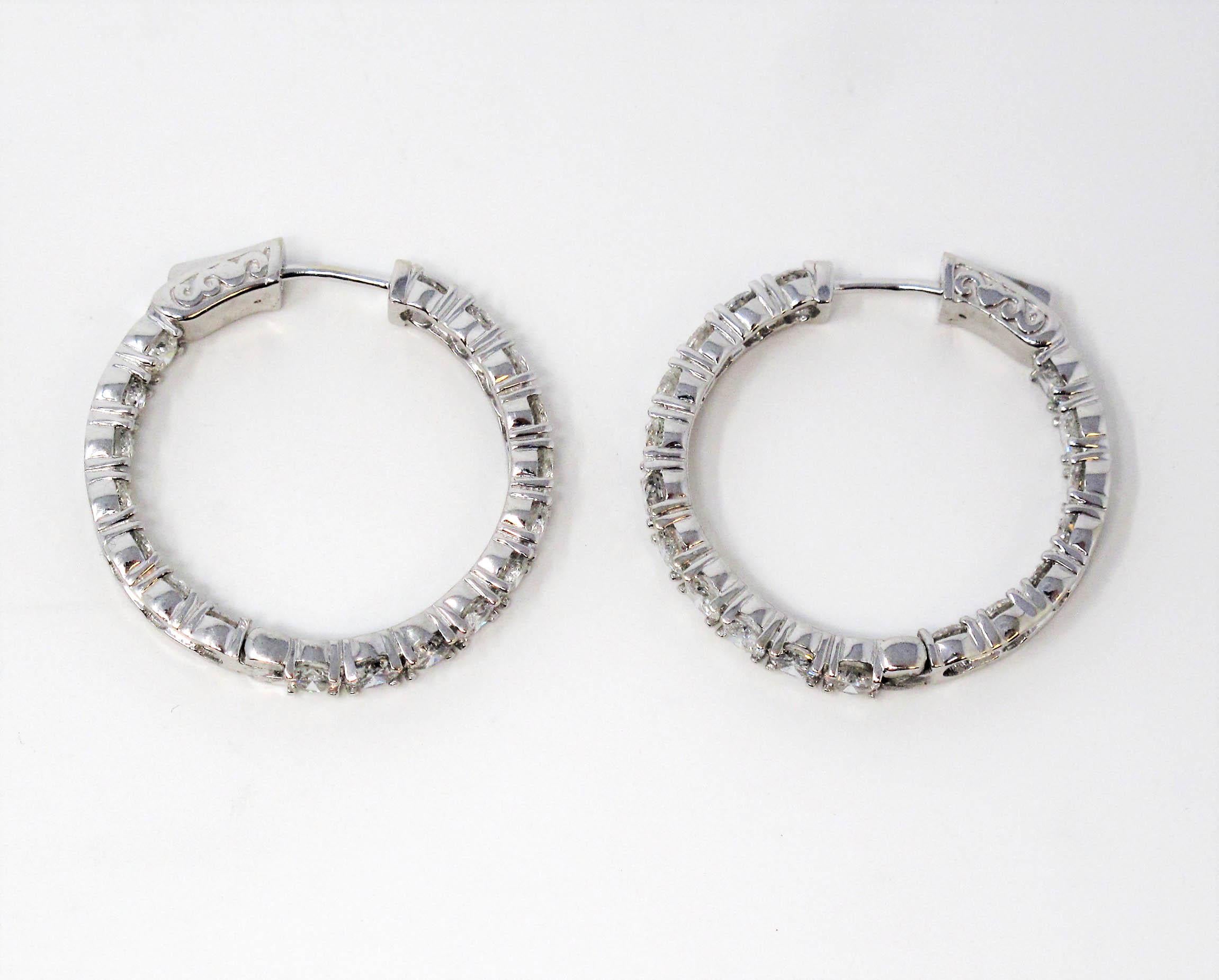 6.03 Carat Round Brilliant Diamond Hinged Hoop Earrings 14 Karat White Gold For Sale 3