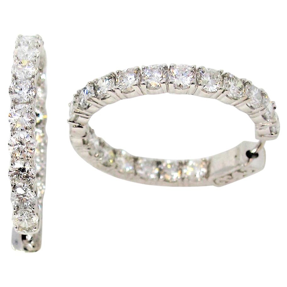 Créoles à charnière en or blanc 14 carats avec diamants brillants ronds de 6.03 carats