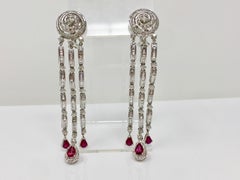 6.03 Carat White Diamond And 3.40 Carat Red Ruby Chandelier Earrings In 18K Gold