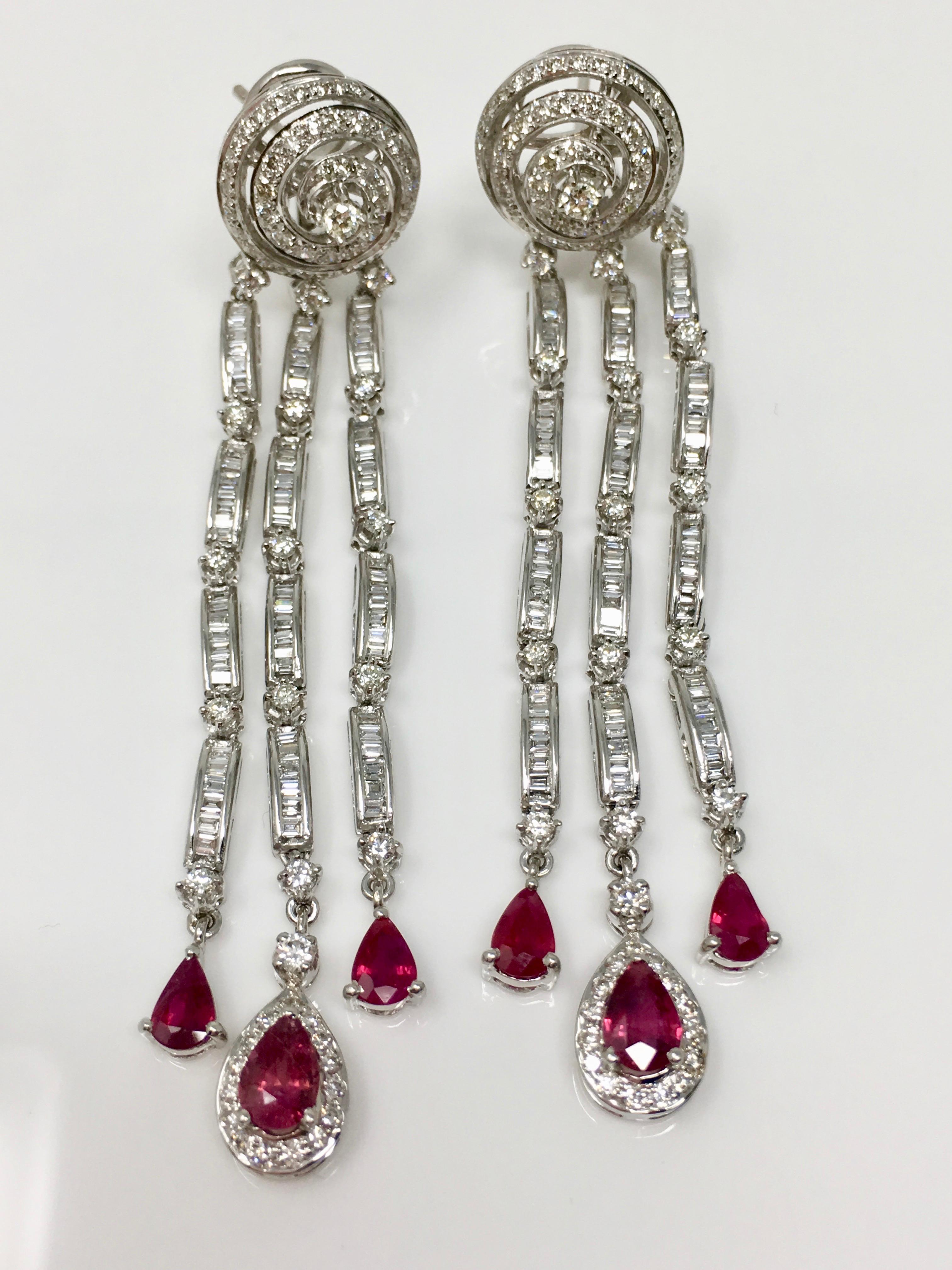 Contemporary 6.03 Carat White Diamond And 3.40 Carat Red Ruby Chandelier Earrings In 18K Gold For Sale