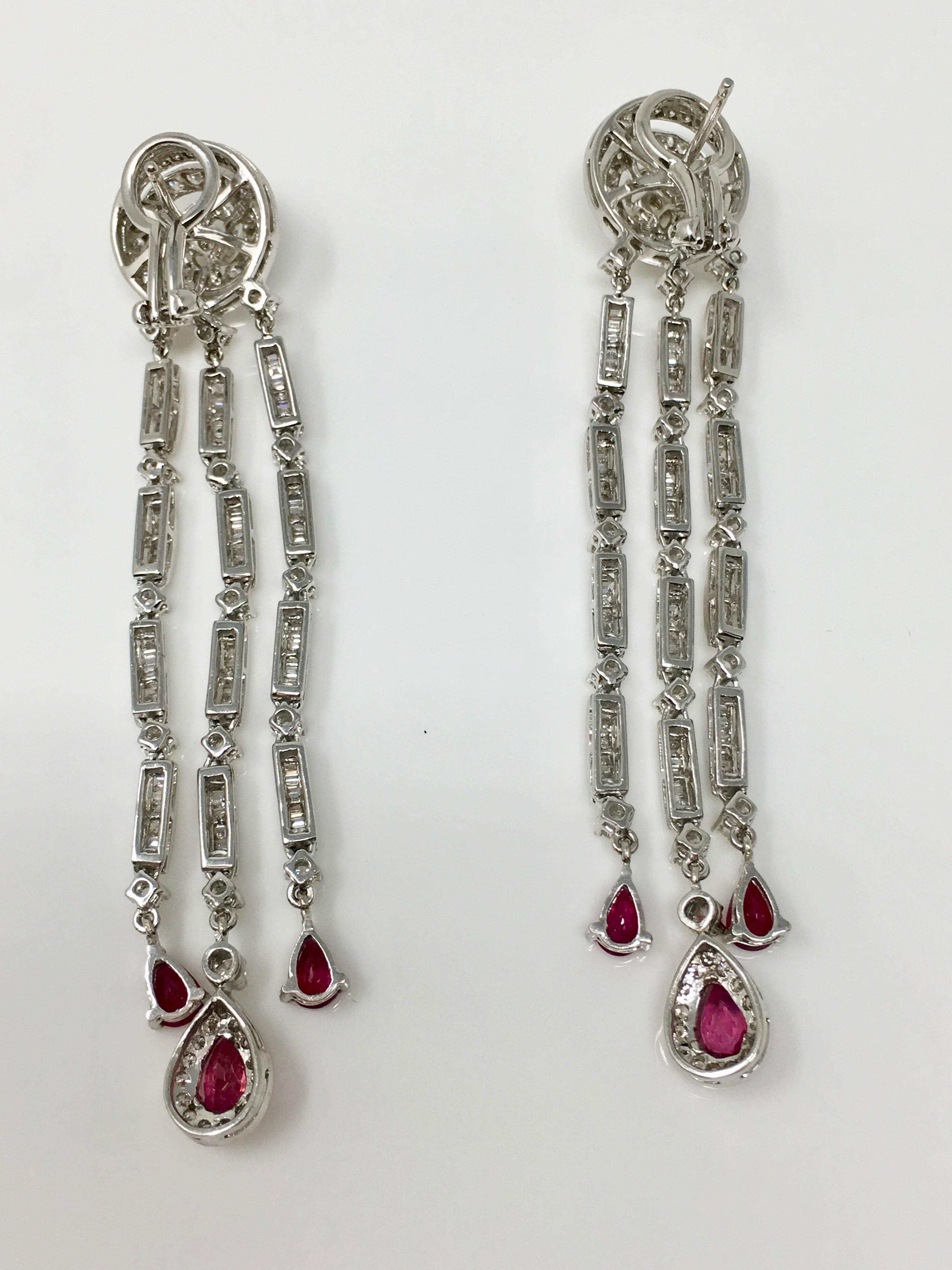 Rose Cut 6.03 Carat White Diamond And 3.40 Carat Red Ruby Chandelier Earrings In 18K Gold For Sale