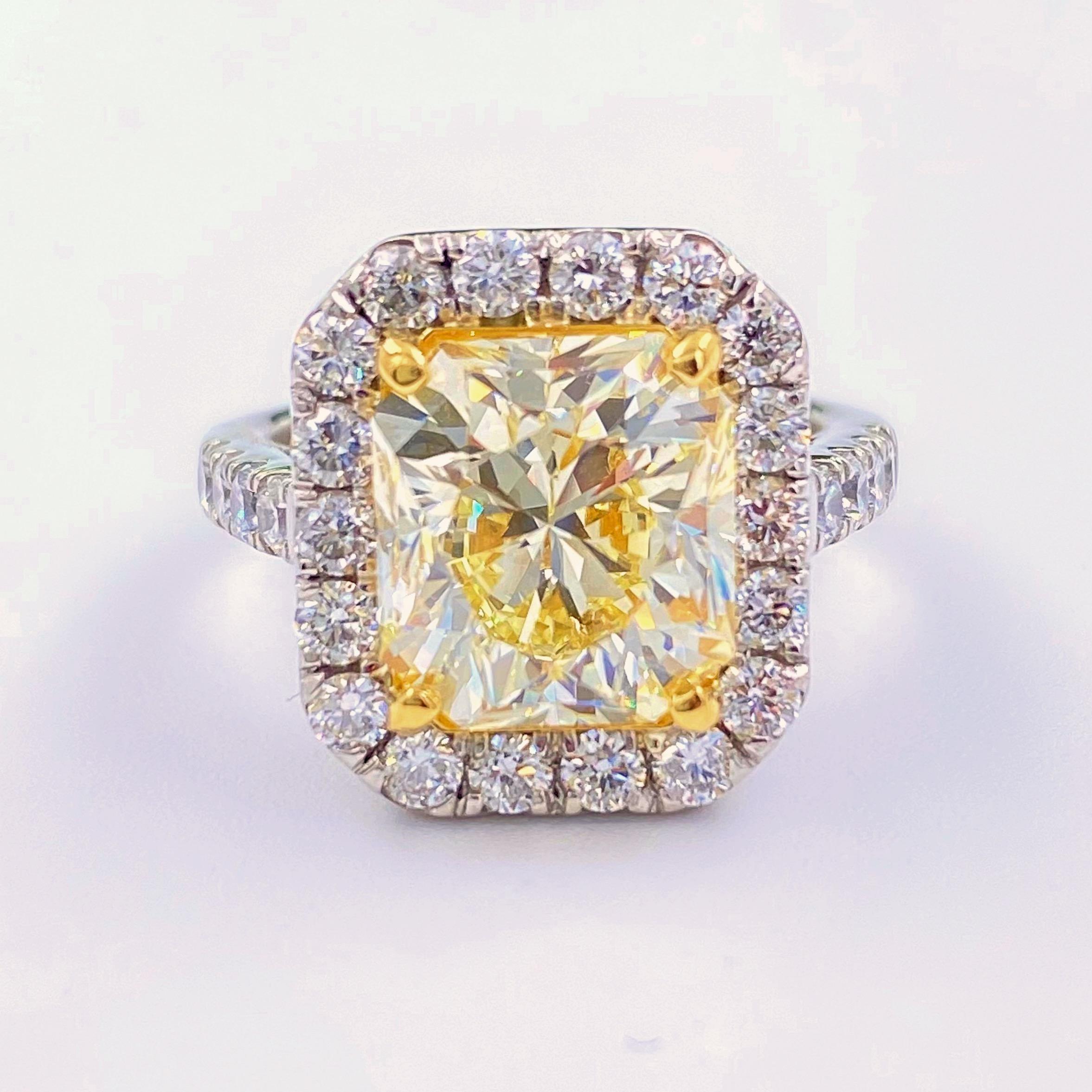 6.03 Carat Radiant Diamond Halo Platinum Engagement Ring GIA For Sale 1