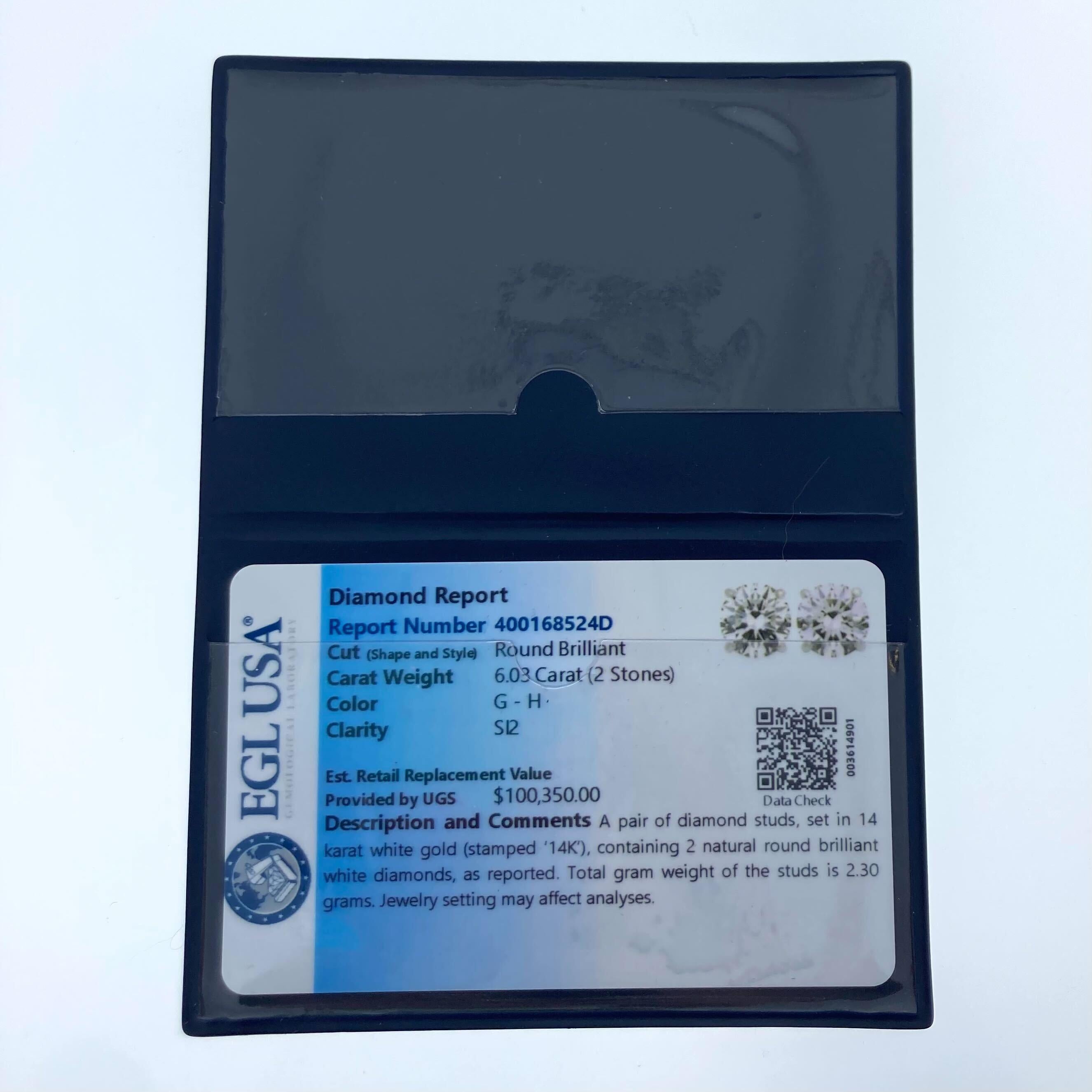 Taglio rotondo Borchie con diamanti rotondi da 6,03 carati totali certificati EGL in oro bianco 14k in vendita