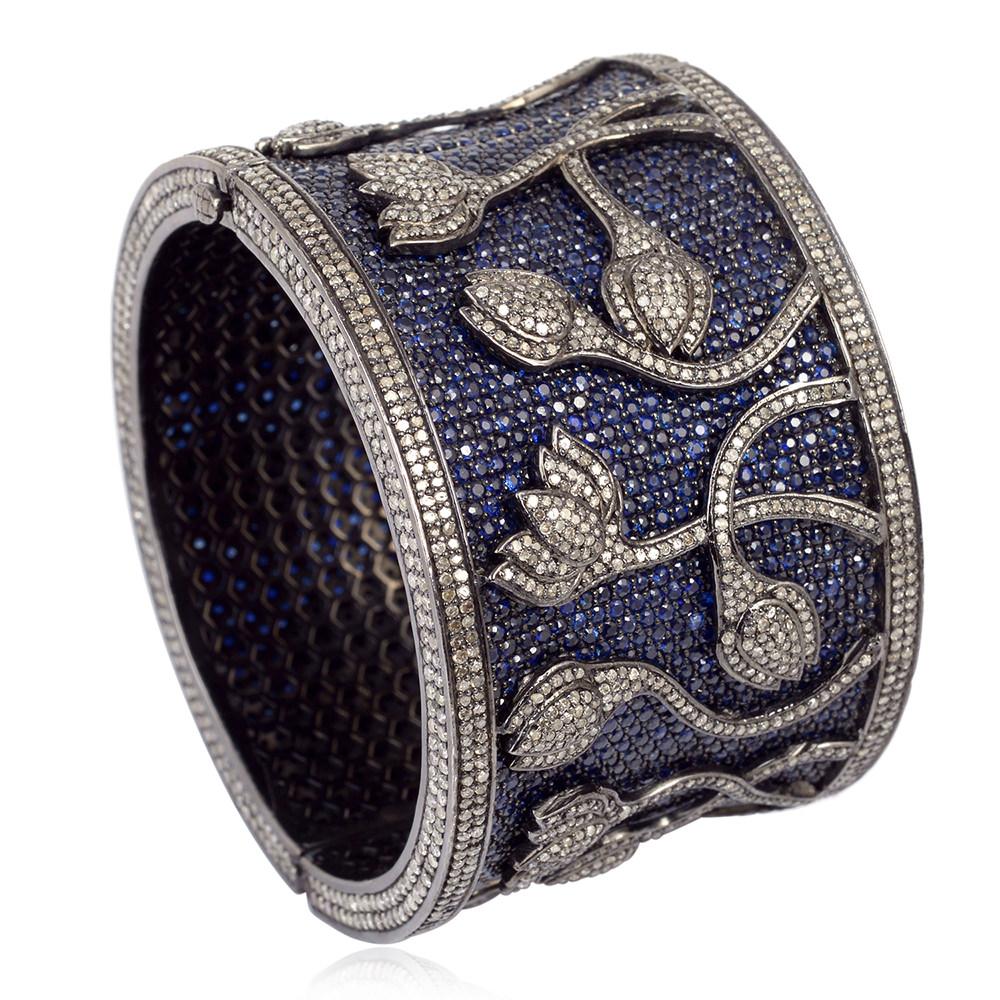 Moderno Bracciale con diamante e zaffiro da 60,32 carati in oro e argento in vendita