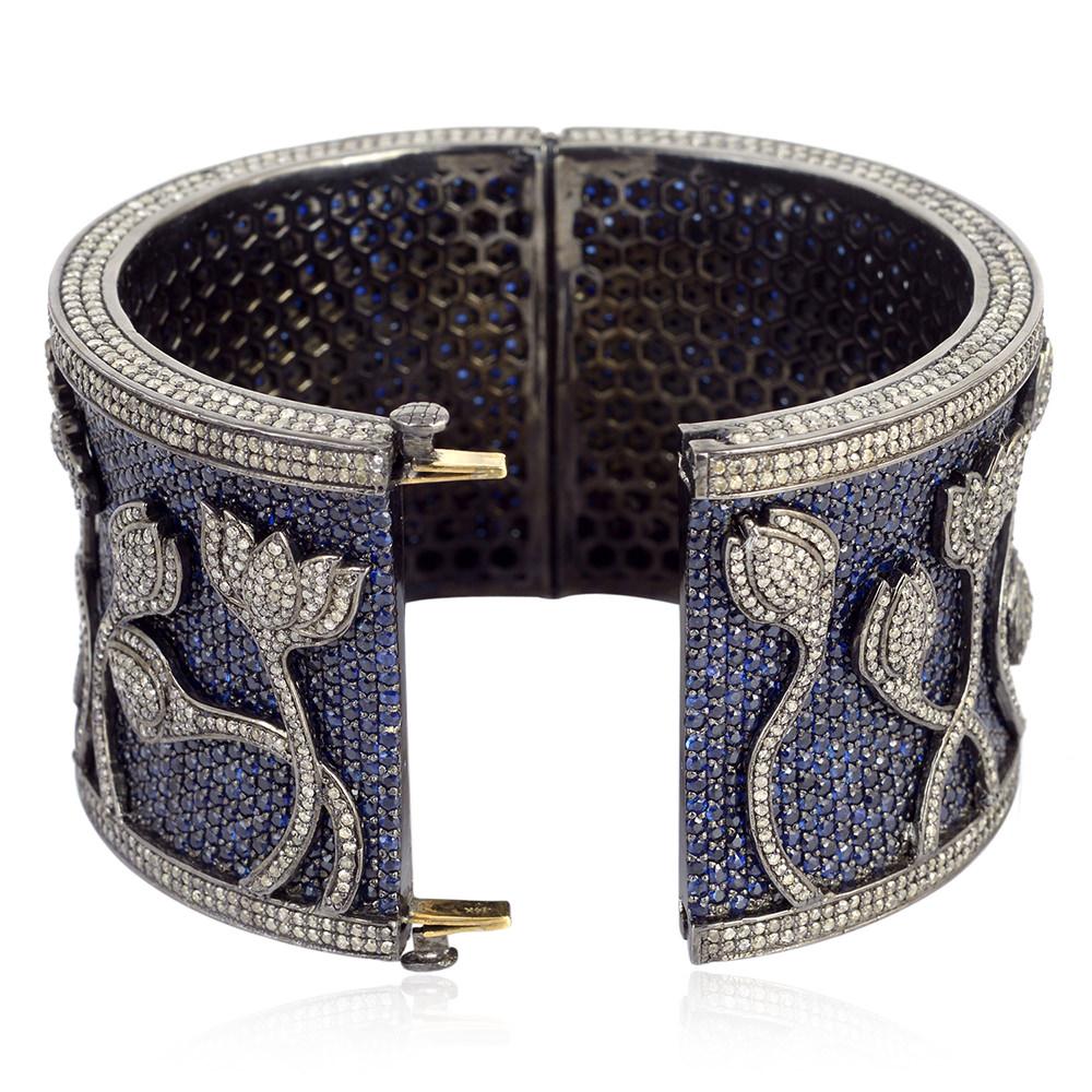 Modern 60.32cts Designer Diamond and Sapphire Flower Cuff Bangle in Gold & Silver For Sale