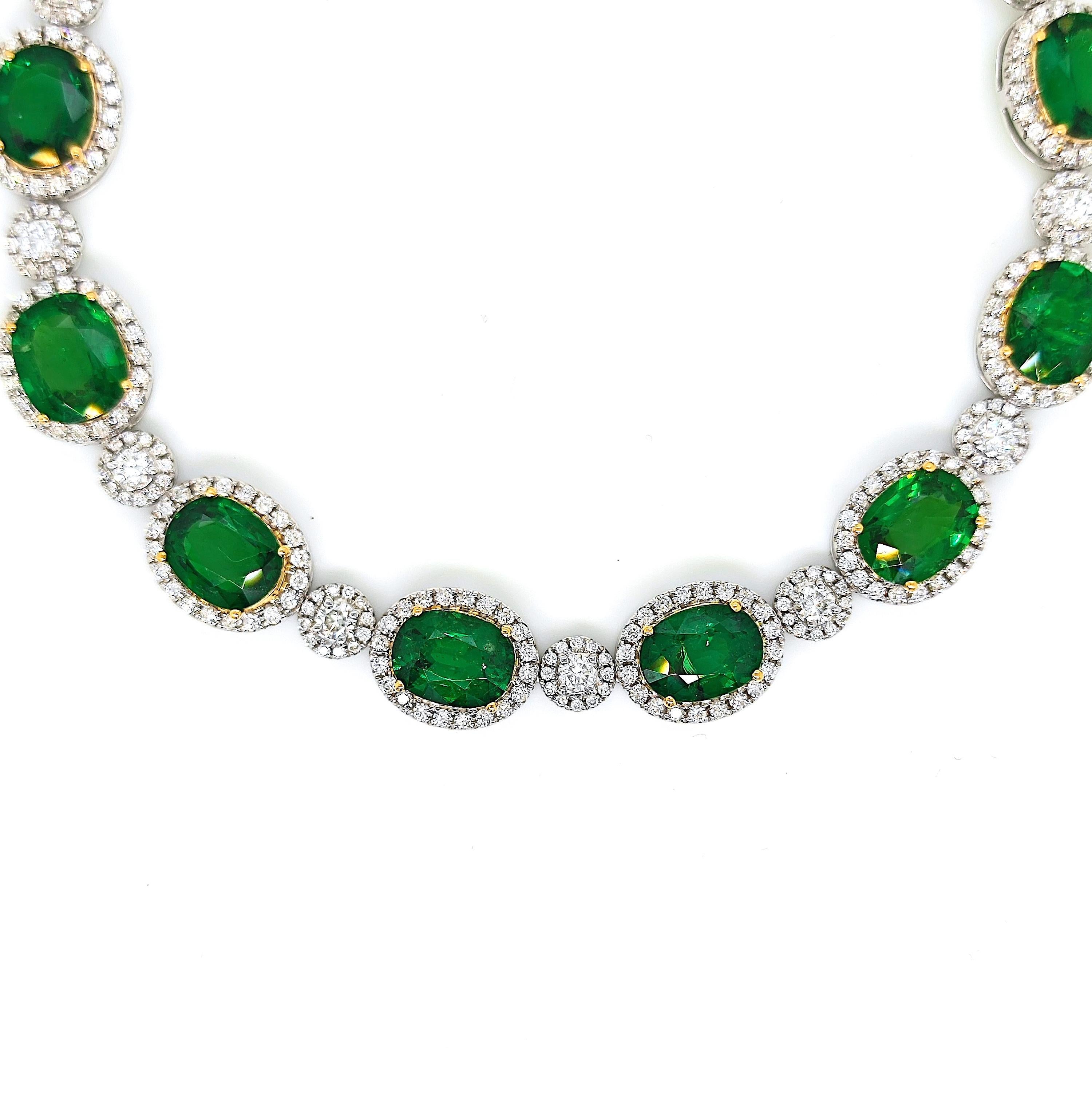60.38 Carat Tsavorite Round Diamond Yellow and White Gold Necklace