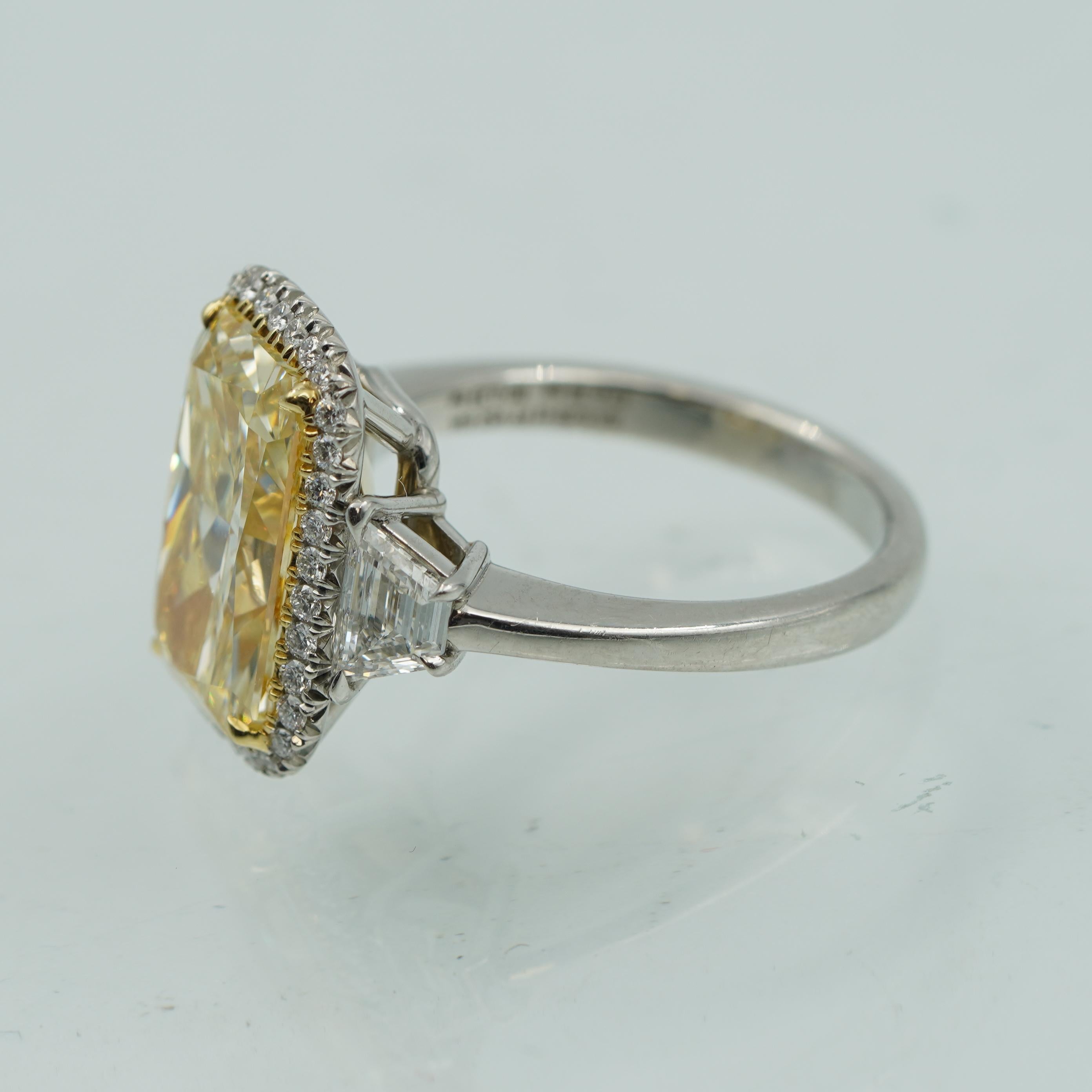 Women's 6.03ct Fancy Yellow Radiant Cut Diamond Rahaminov 18K & Platinum Ring  For Sale