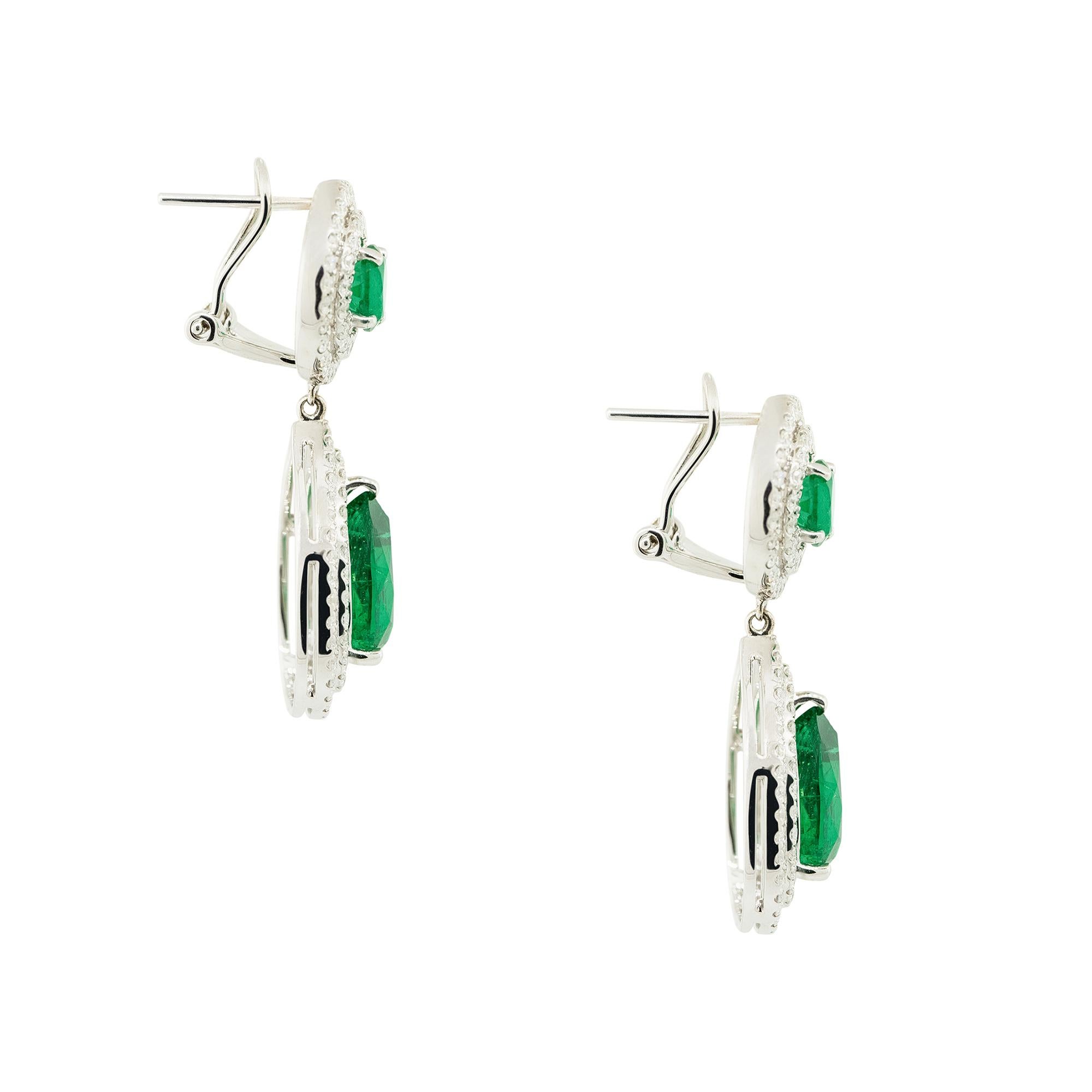 Round Cut 6.04 Carat Emerald and Pave Diamond Drop Earrings 18 Karat in Stock For Sale