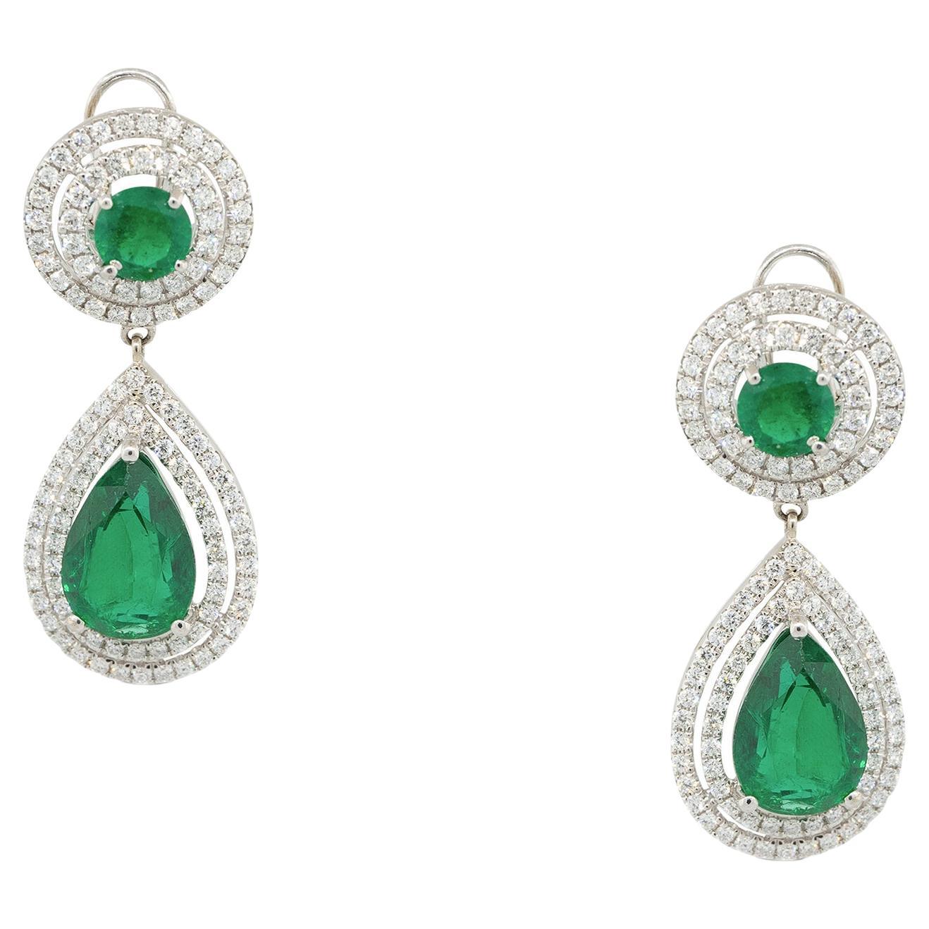 6.04 Carat Emerald and Pave Diamond Drop Earrings 18 Karat in Stock For Sale