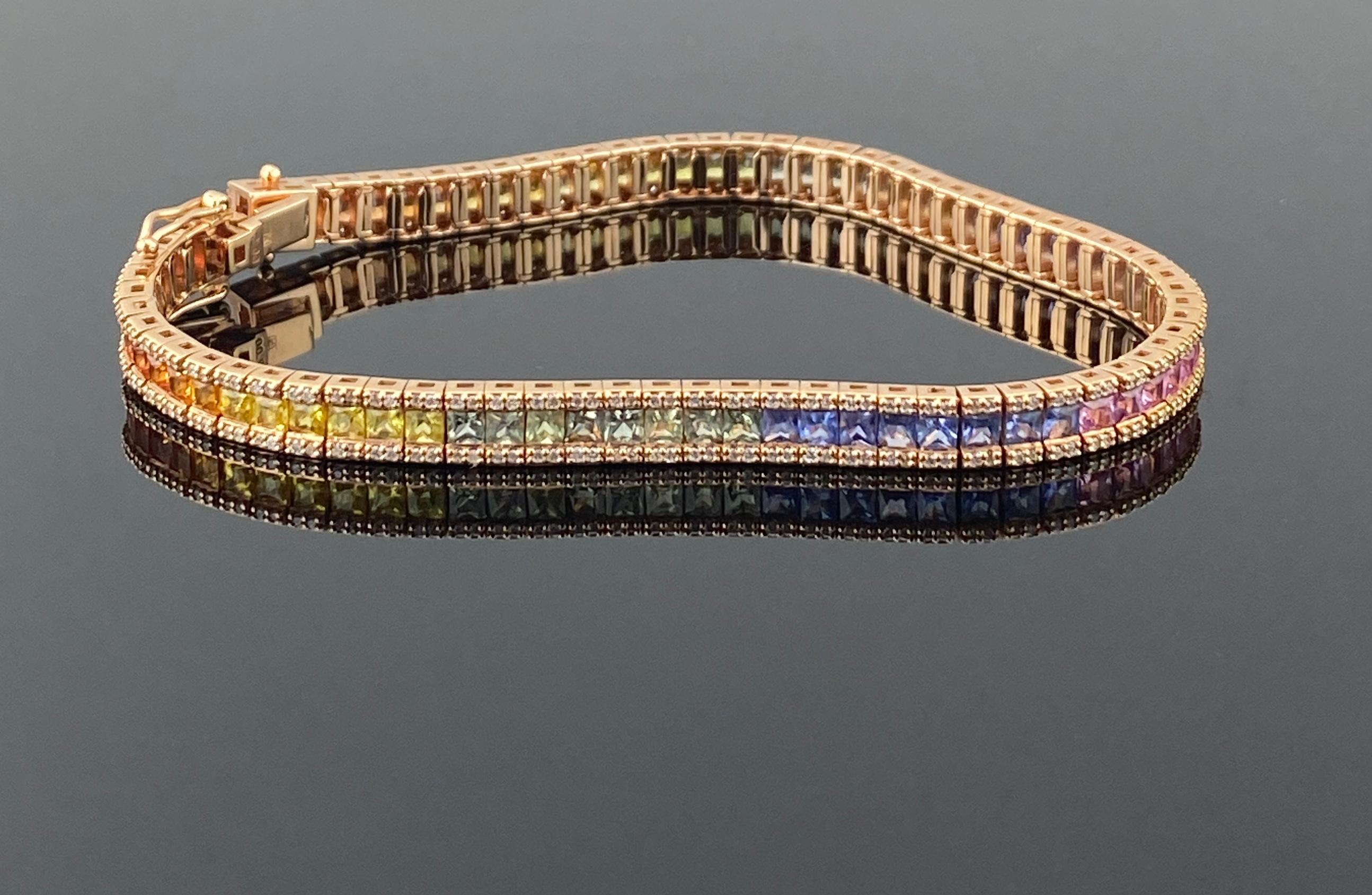 Modern 6.04 Carat Multi Color Sapphire and Diamond Tennis Bracelet For Sale