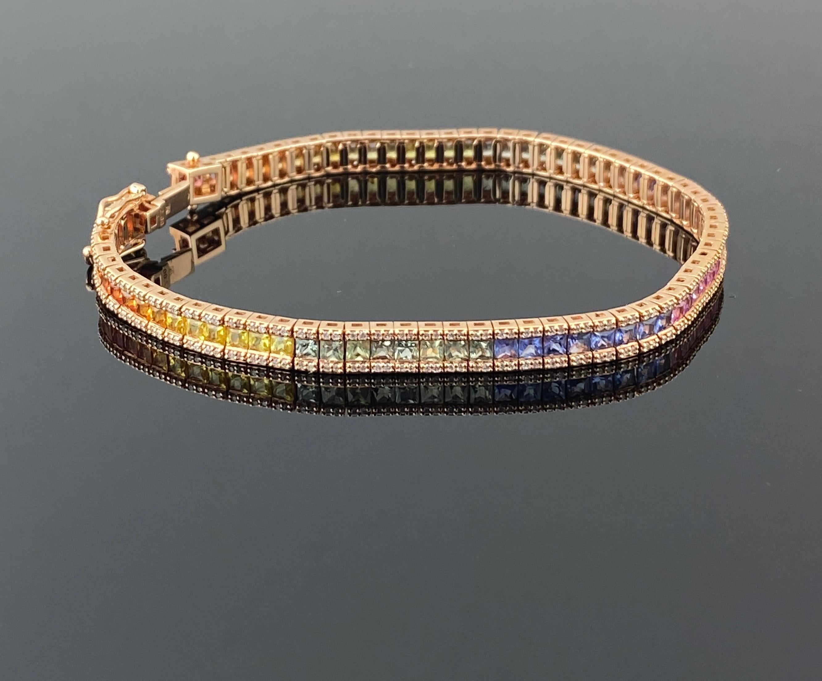 Princess Cut 6.04 Carat Multi Color Sapphire and Diamond Tennis Bracelet For Sale