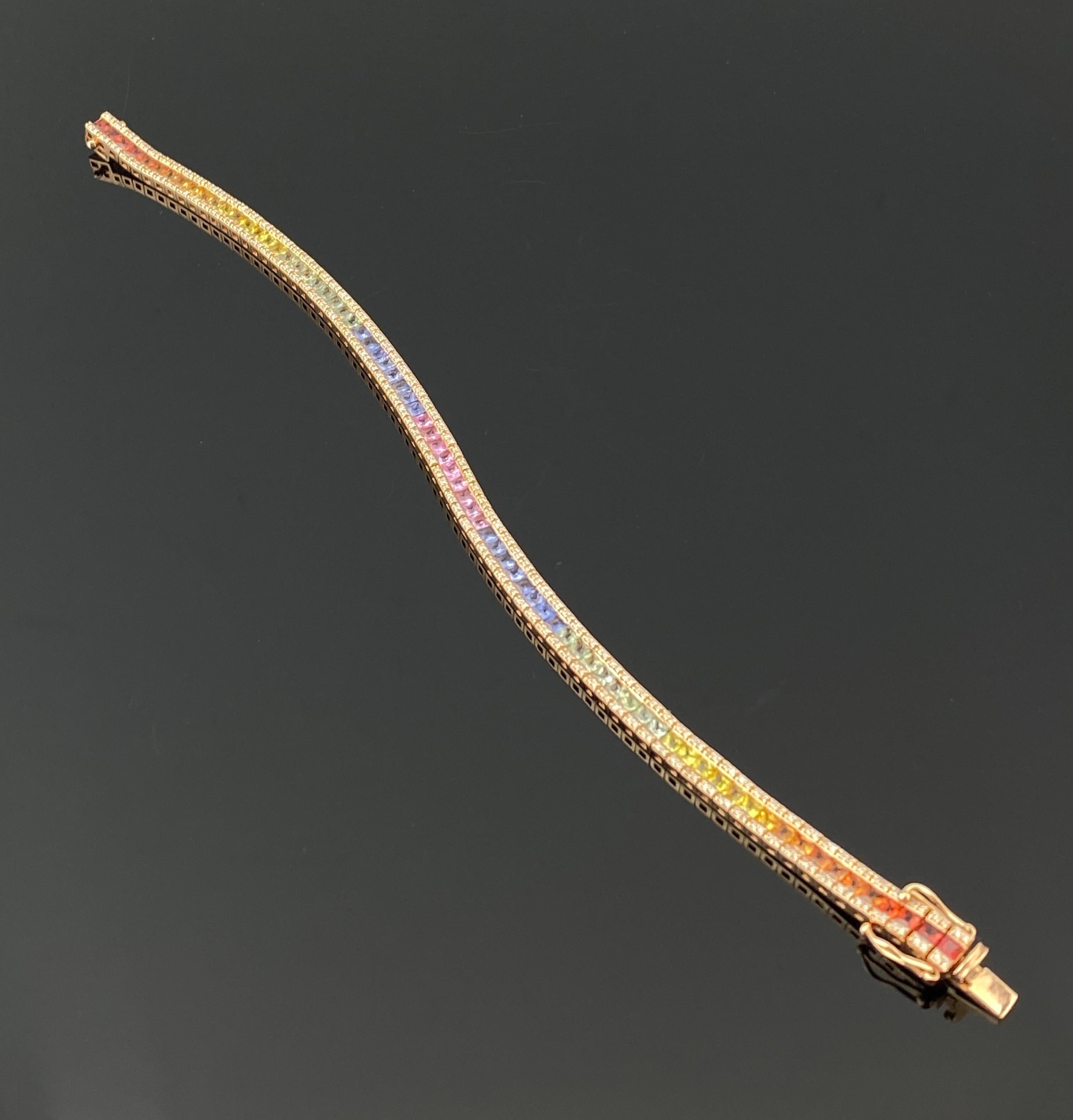 6.04 Carat Multi Color Sapphire and Diamond Tennis Bracelet In New Condition For Sale In Bangkok, Thailand