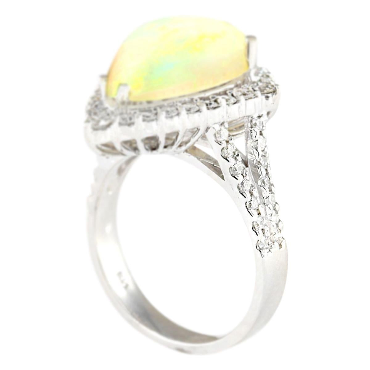 Pear Cut Natural Opal Diamond Ring In 14 Karat White Gold  For Sale