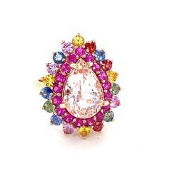 6.04 Carat Natural Pink Morganite Multi Color Sapphire Rose Gold Cocktail Ring