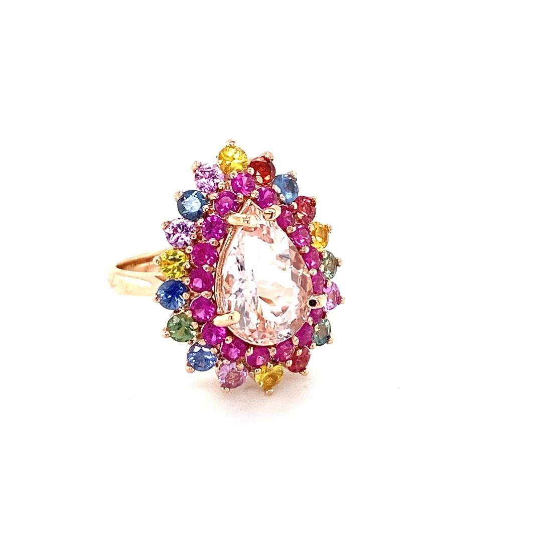 Contemporary 6.04 Carat Natural Pink Morganite Multi Color Sapphire Rose Gold Cocktail Ring For Sale