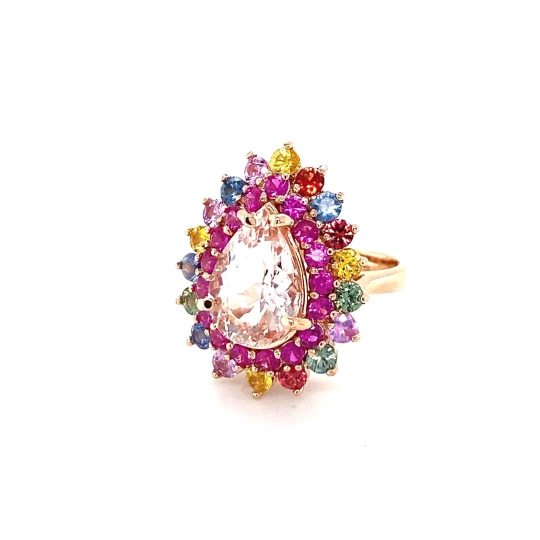 Pear Cut 6.04 Carat Natural Pink Morganite Multi Color Sapphire Rose Gold Cocktail Ring For Sale