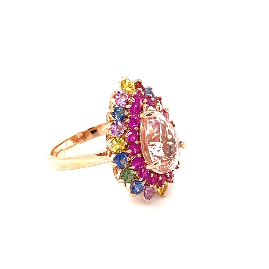6.04 Carat Natural Pink Morganite Multi Color Sapphire Rose Gold Cocktail Ring In New Condition For Sale In Los Angeles, CA