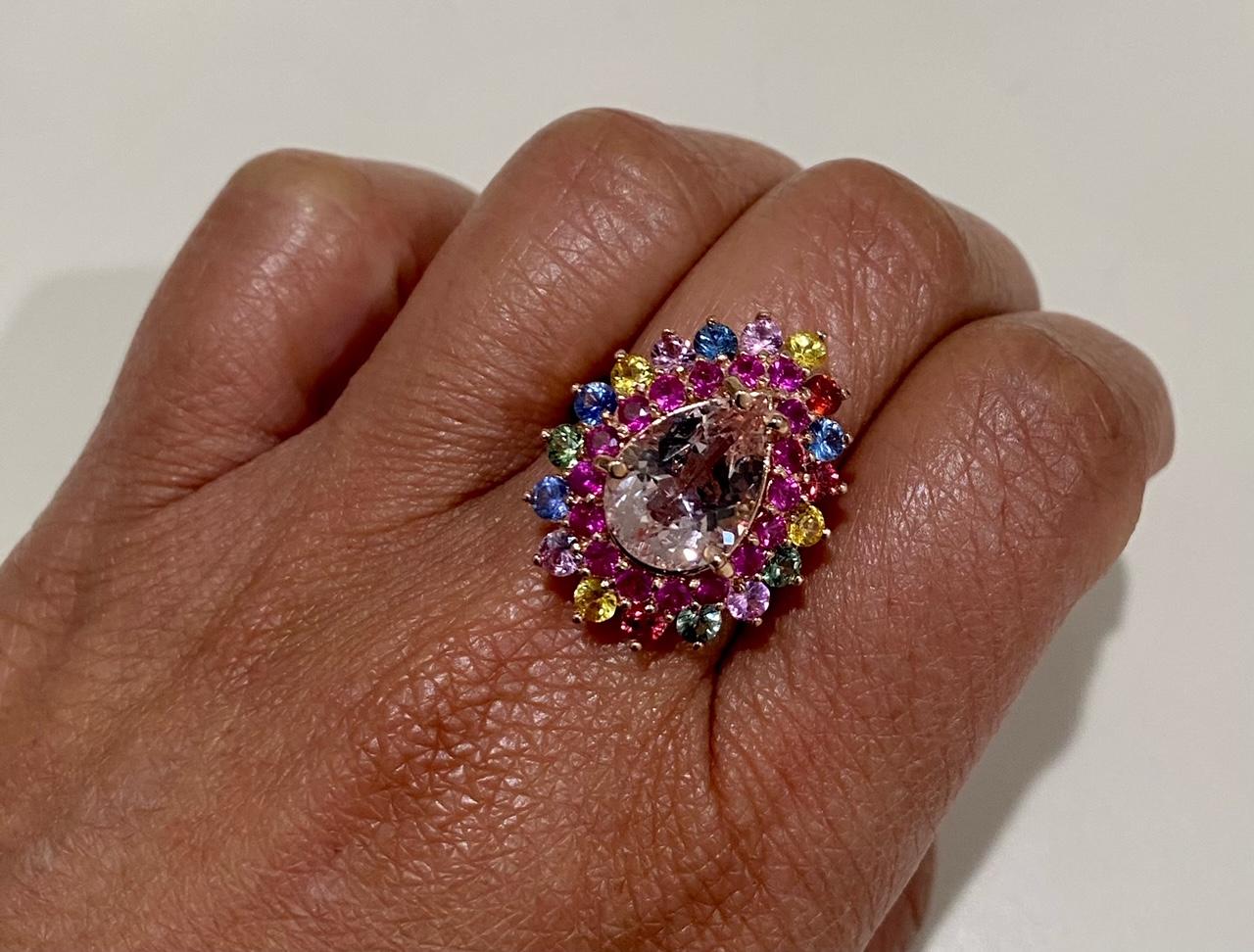 Women's 6.04 Carat Natural Pink Morganite Multi Color Sapphire Rose Gold Cocktail Ring For Sale