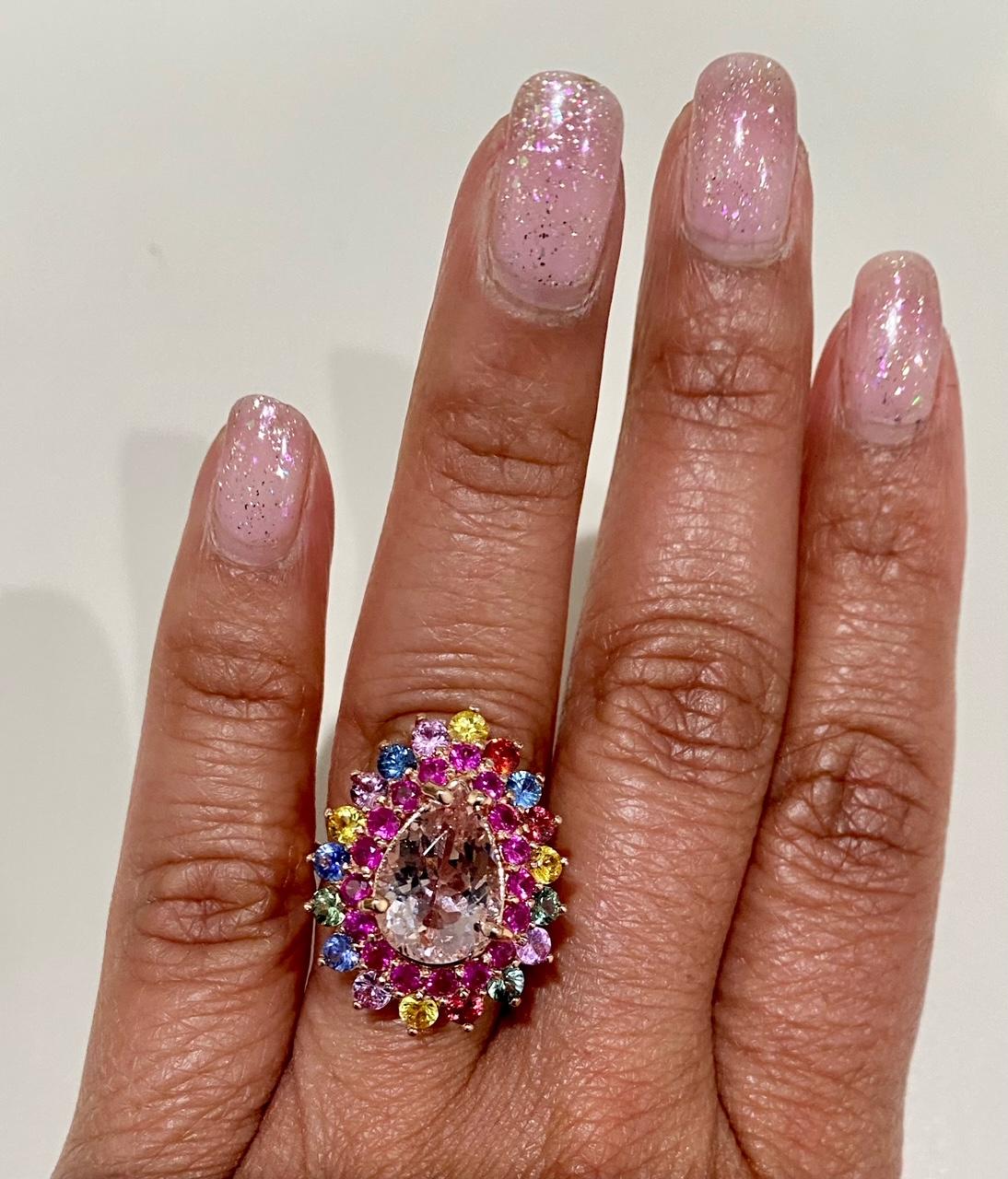 6.04 Carat Natural Pink Morganite Multi Color Sapphire Rose Gold Cocktail Ring For Sale 1