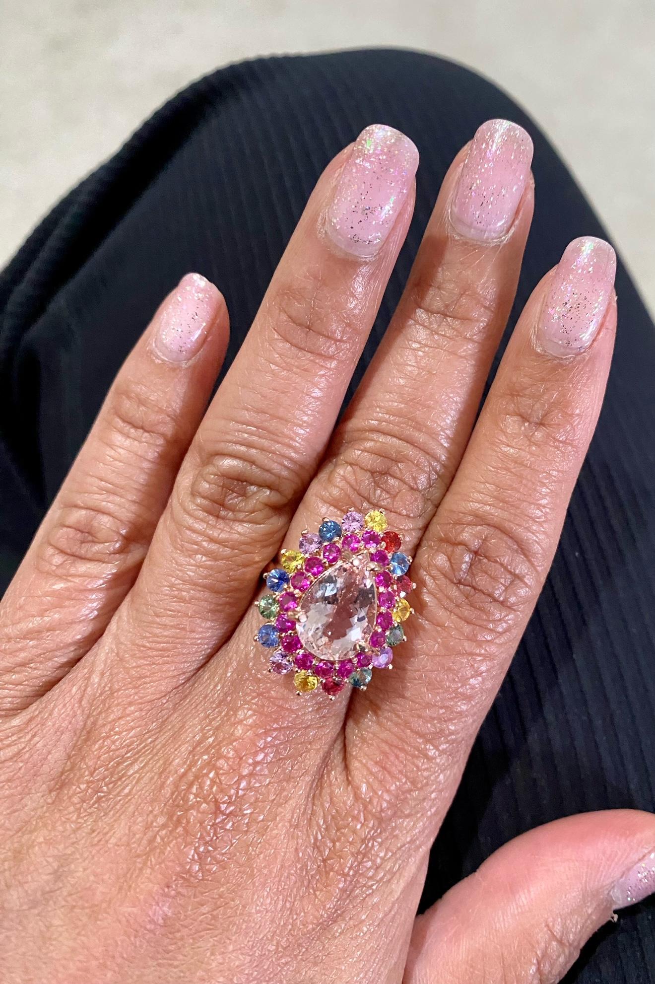 6.04 Carat Natural Pink Morganite Multi Color Sapphire Rose Gold Cocktail Ring For Sale 2