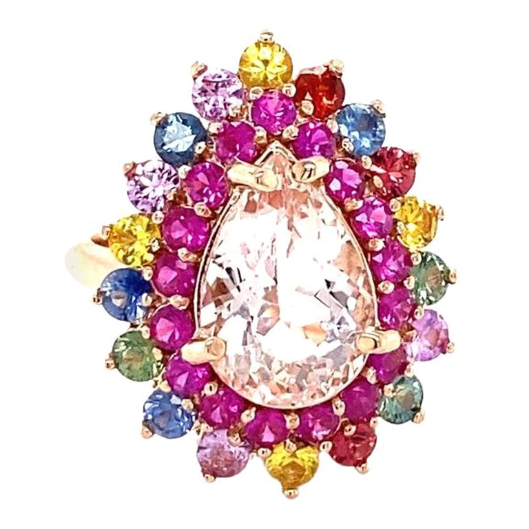 Cocktailring aus Roségold mit 6,04 Karat natürlichem rosa Morganit und mehrfarbigem Saphir in Rosa