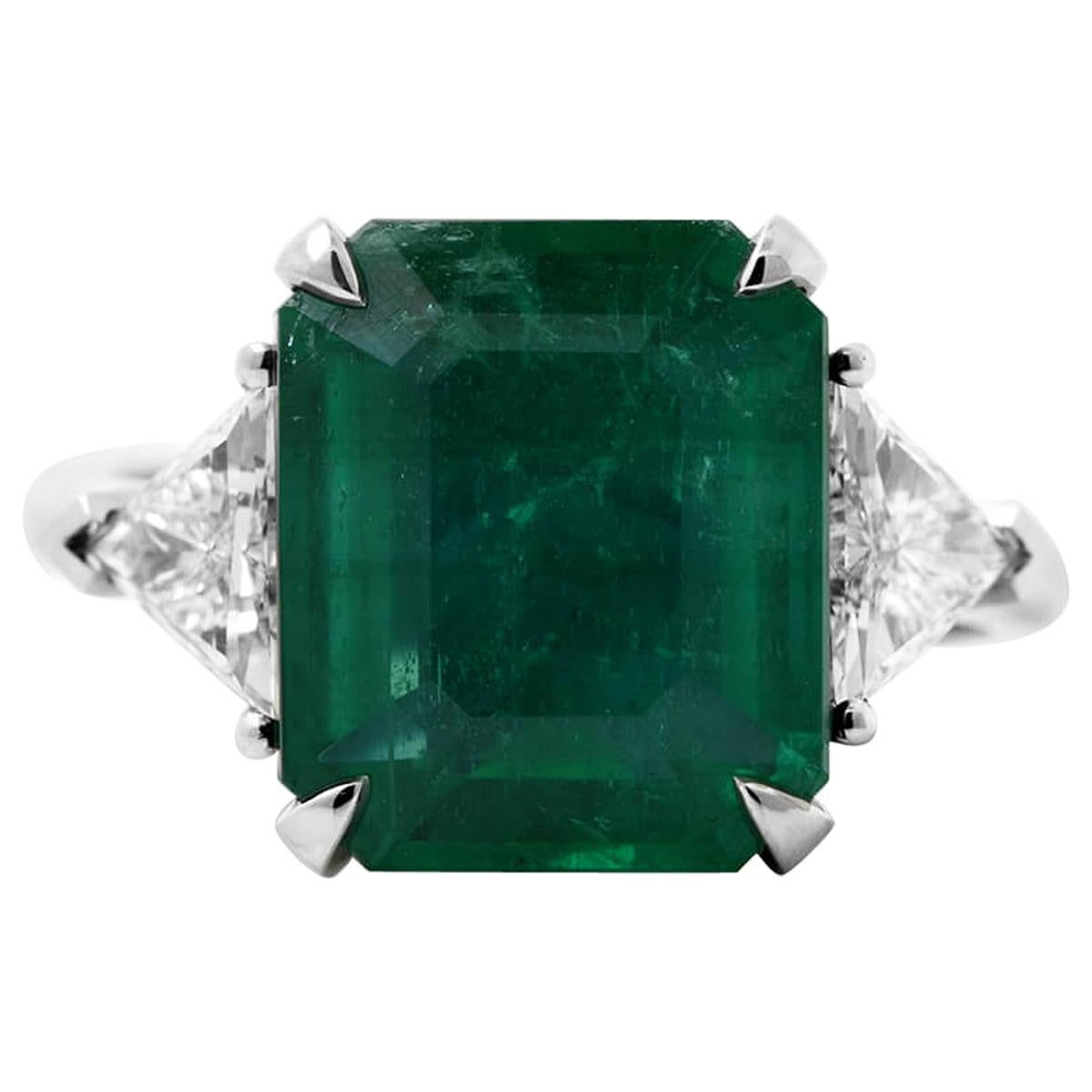 6.04 Carat Natural Unheated Green Emerald Diamond 18 Karat White Gold Ring For Sale