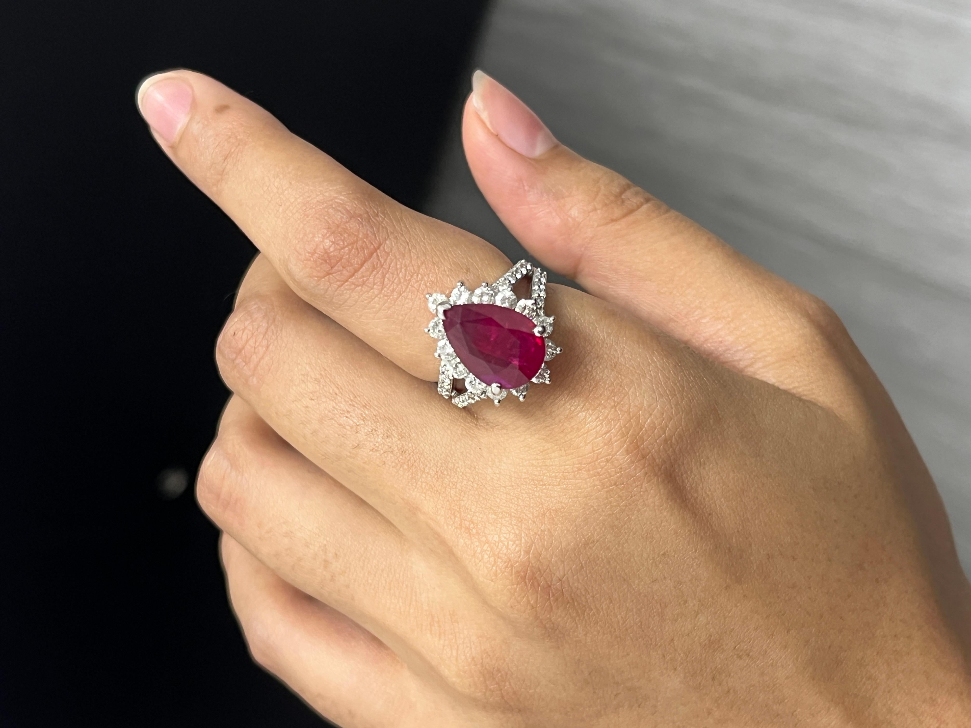 Art Deco 6.04 Carat Pear Ruby & Diamond Ring in Platinum 900