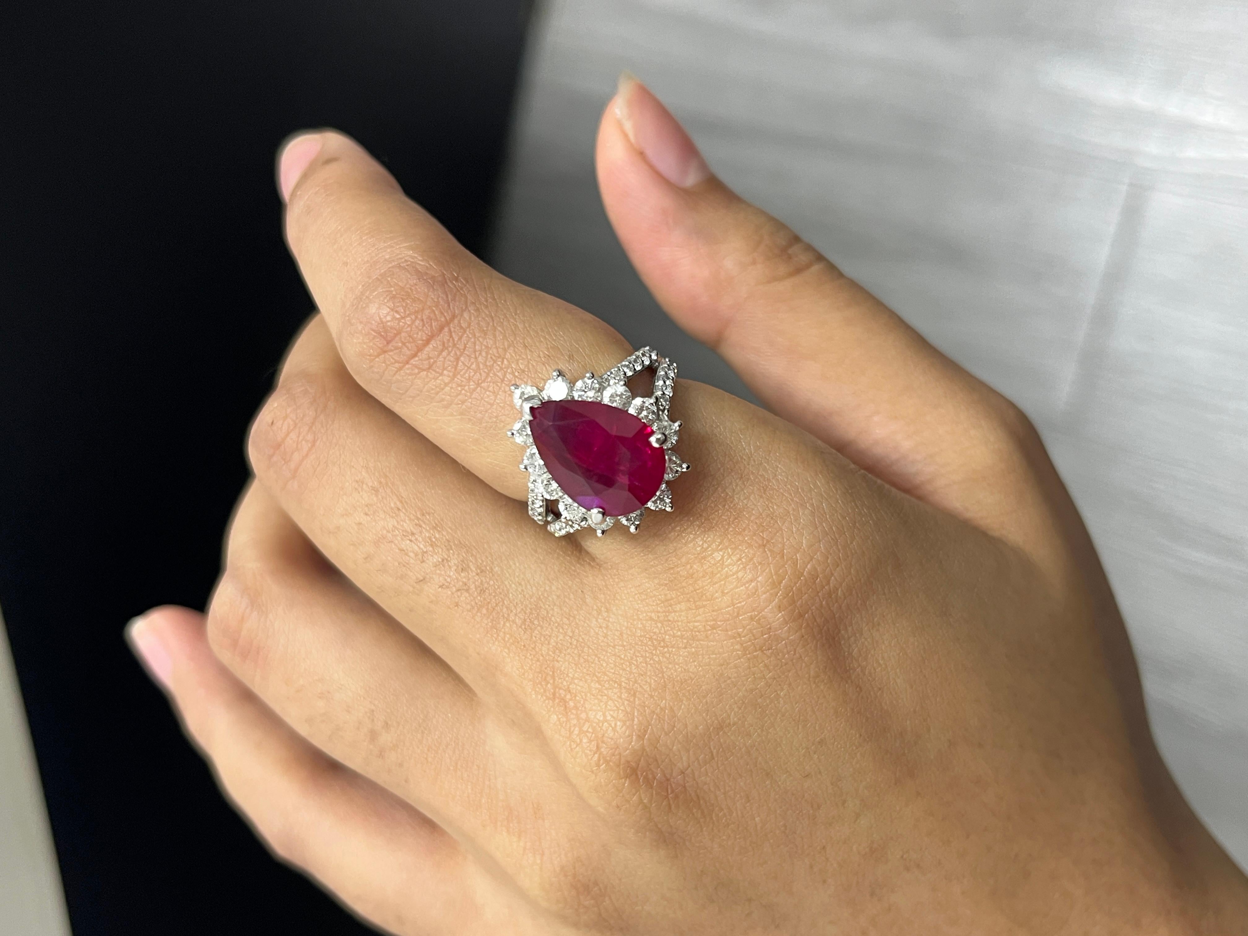 Pear Cut 6.04 Carat Pear Ruby & Diamond Ring in Platinum 900