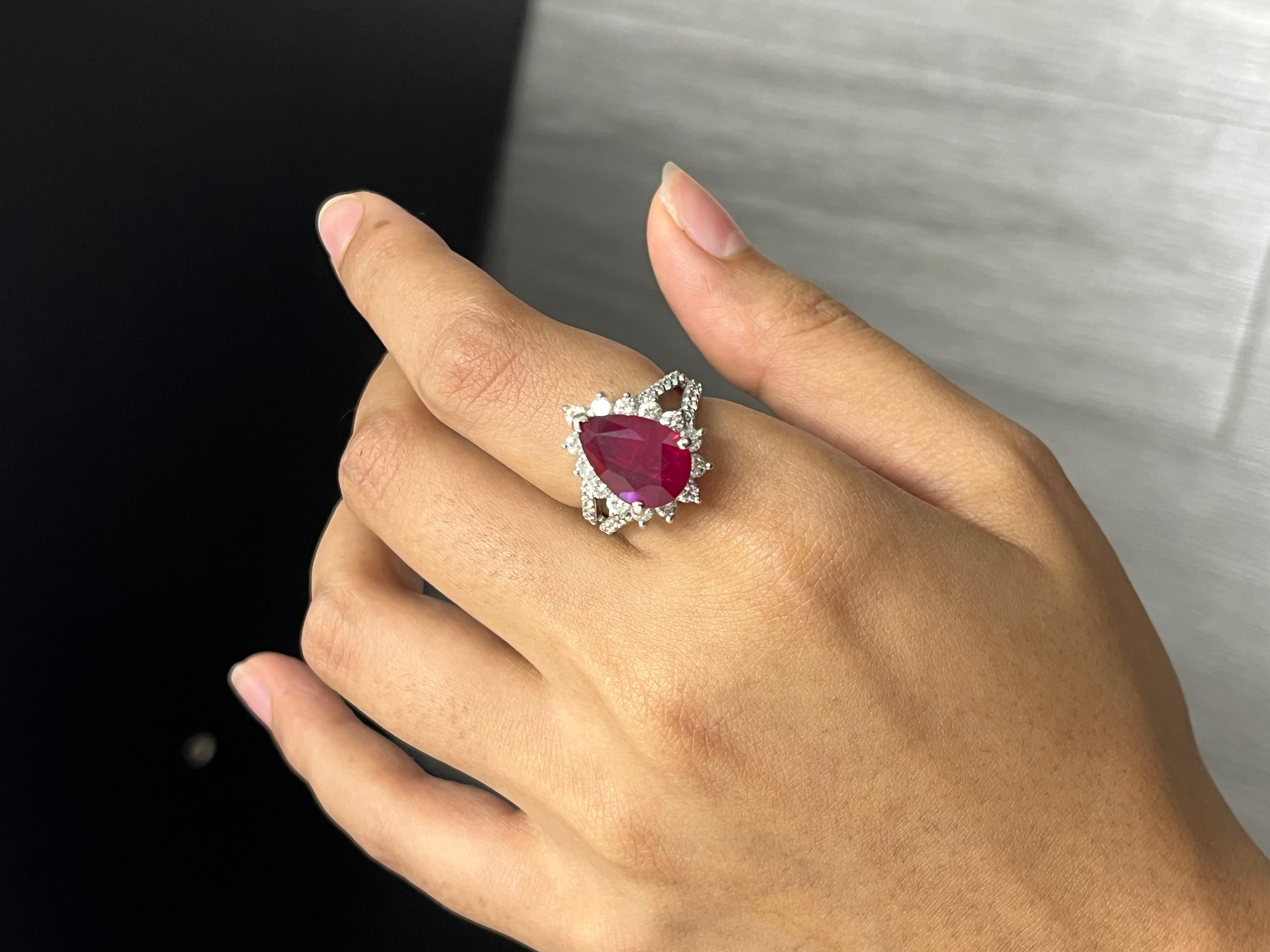 6.04 Carat Pear Ruby & Diamond Ring in Platinum 900 In New Condition In Bangkok, TH