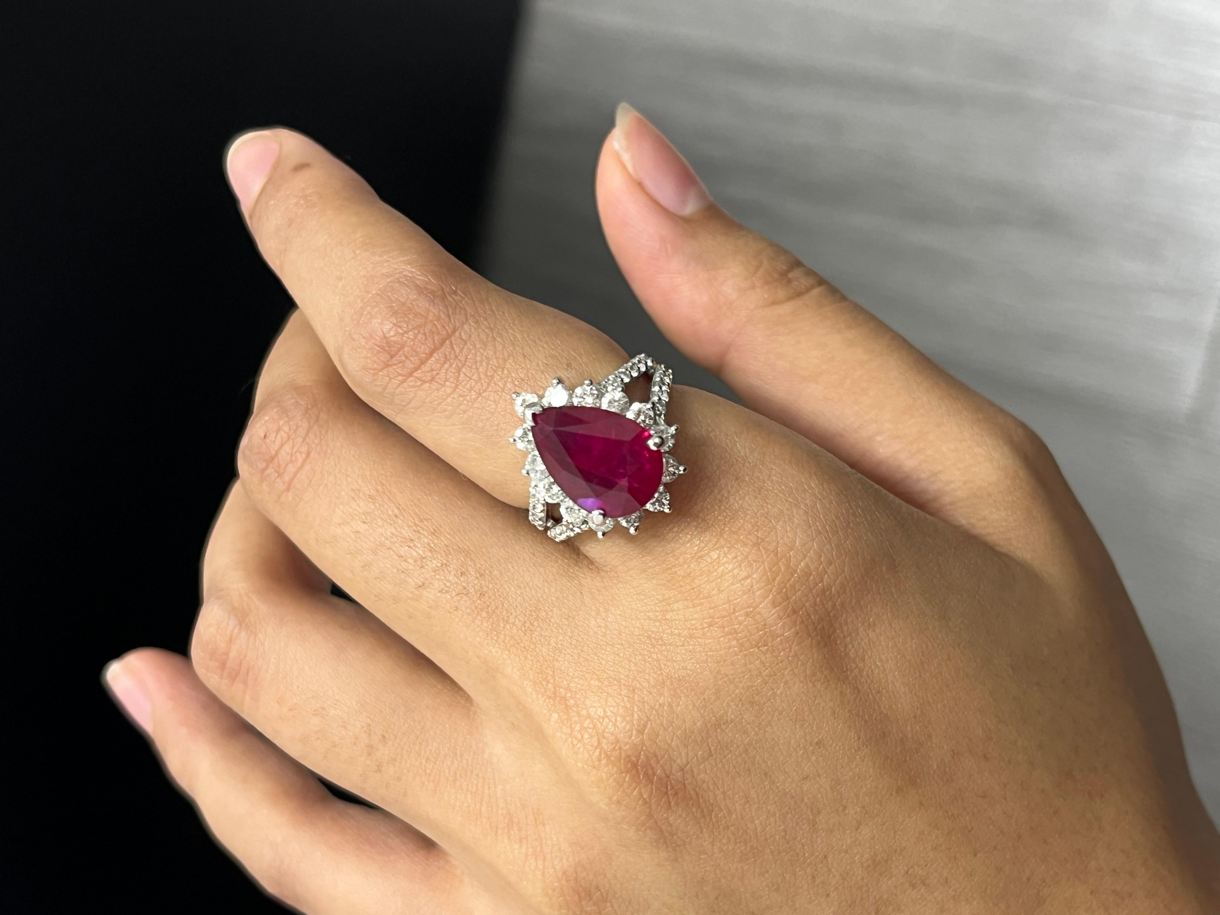 Women's or Men's 6.04 Carat Pear Ruby & Diamond Ring in Platinum 900