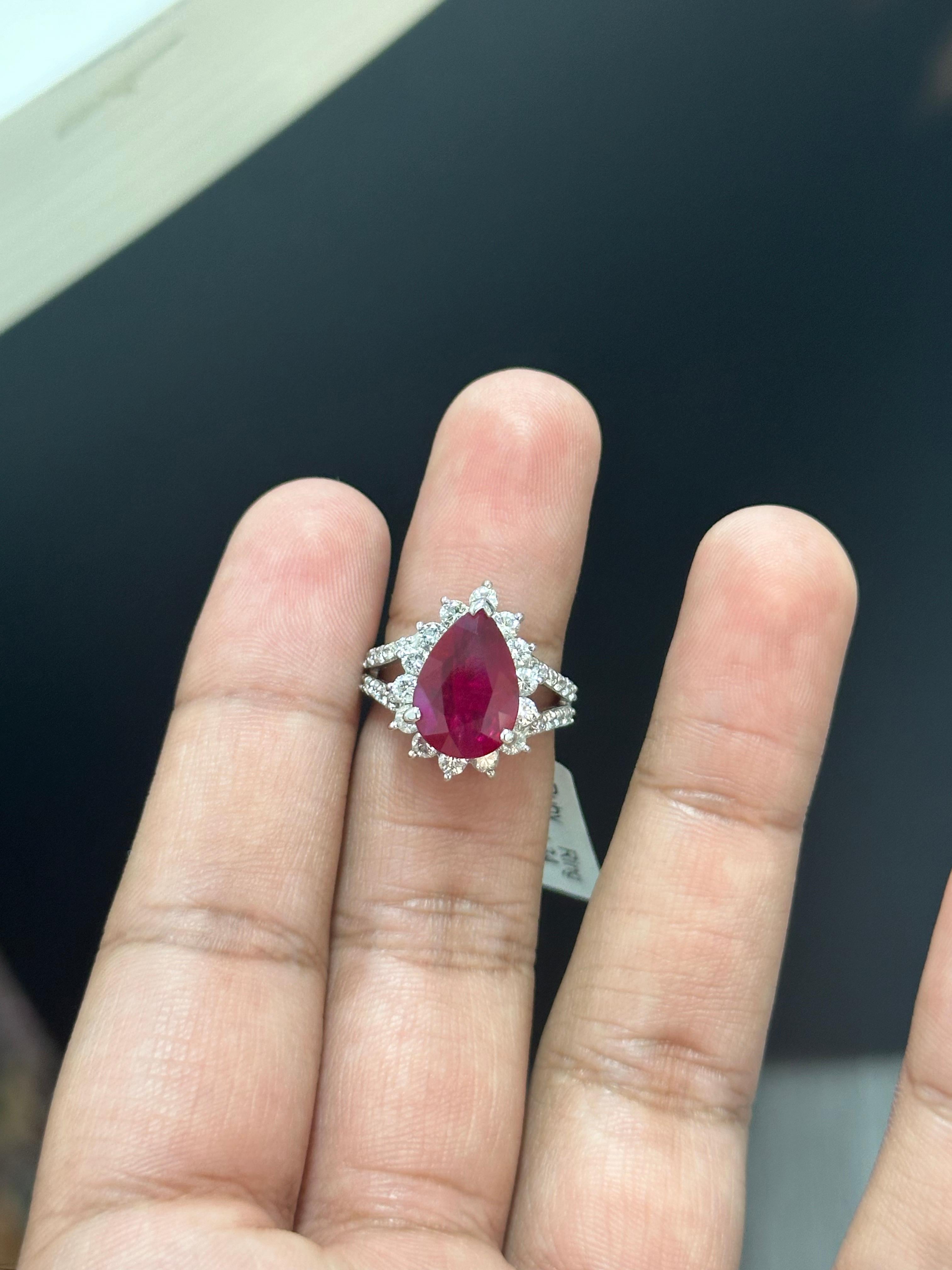 6.04 Carat Pear Ruby & Diamond Ring in Platinum 900 2