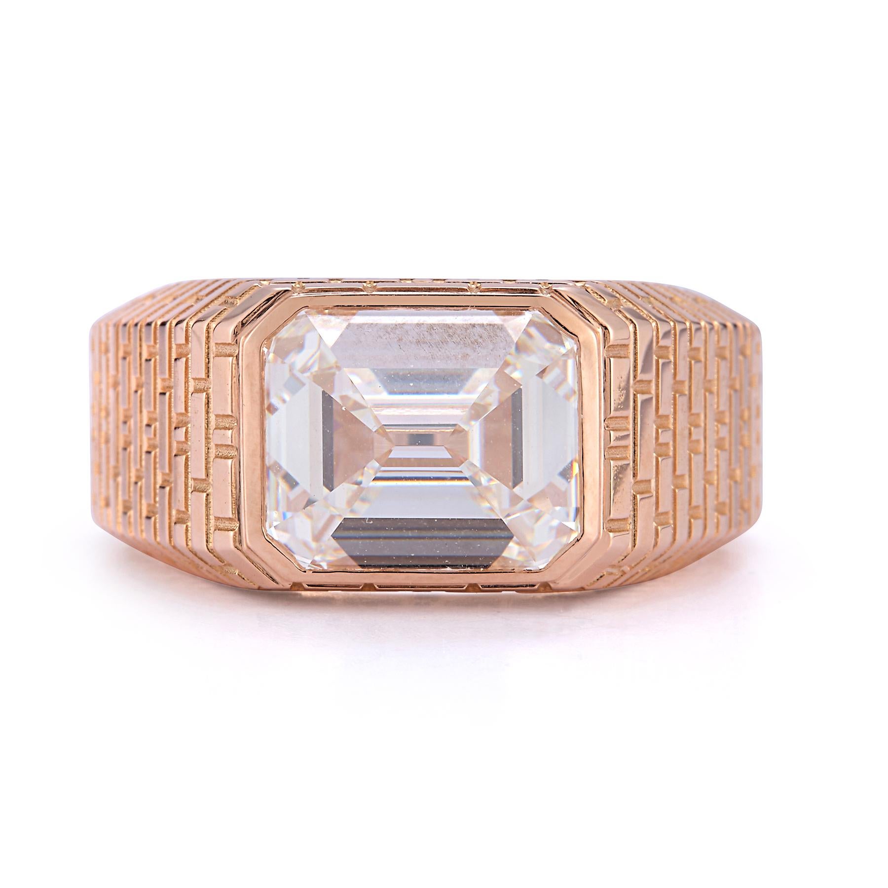 6.04 carat Reverse Set Emerald Cut Diamond Pyramid Ring

GIA Certificate stating the emerald cut diamond weighs 6.04 carats, J color and VVS1 clarity.

Mounted in 18 karat rose gold

One of our favorite creations: we took this 6 carat diamond out of