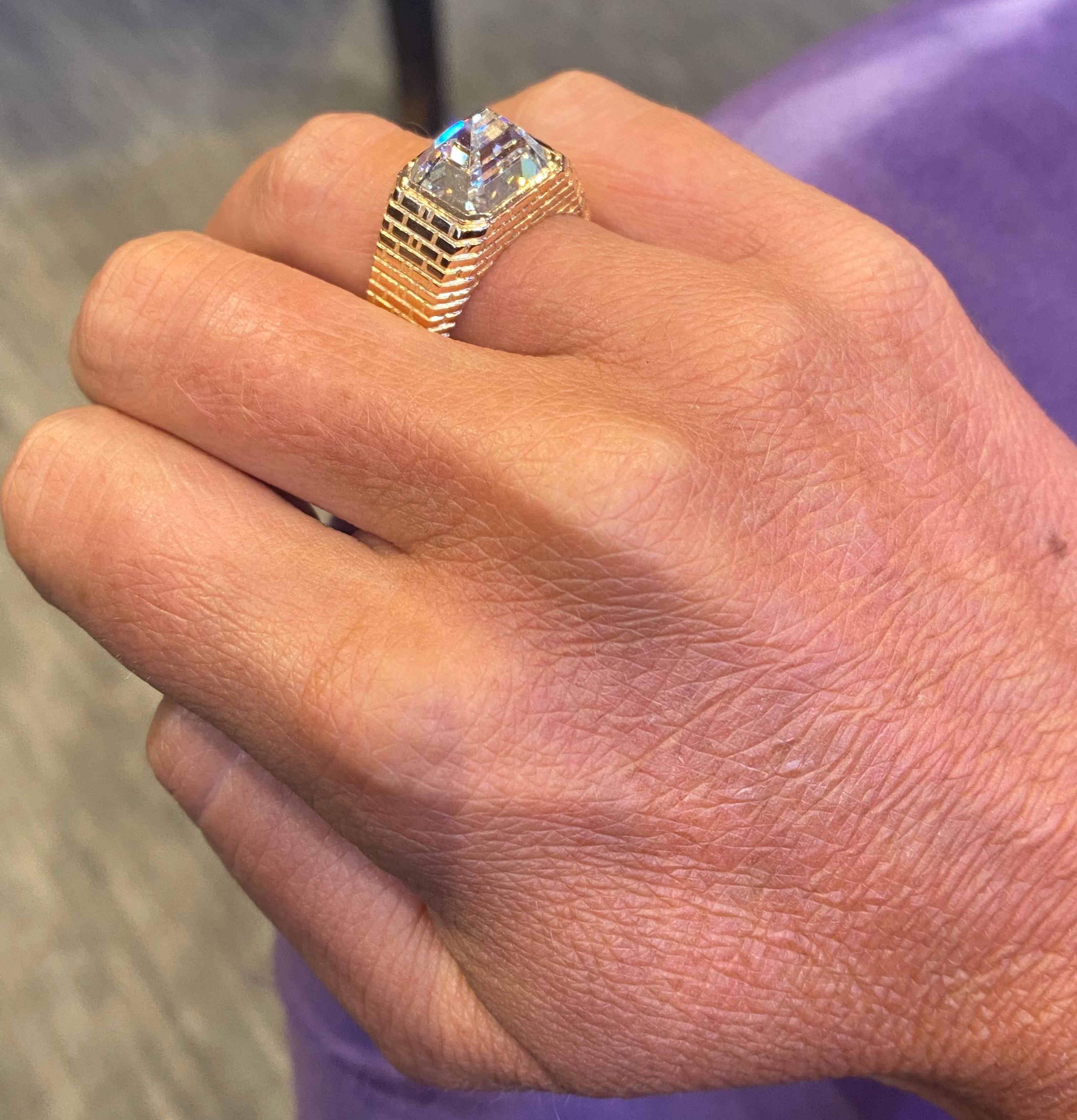 Women's or Men's 6.04 Carat Reverse Set Emerald Cut Diamond Pyramid Ring For Sale