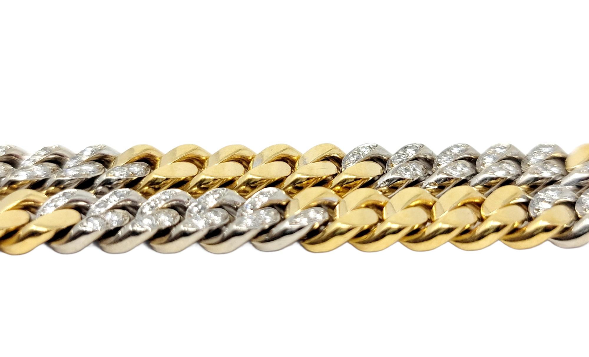 Contemporary 36” Diamond and 18 Karat Yellow and White Gold Heavy Station Cuban Link Necklace For Sale
