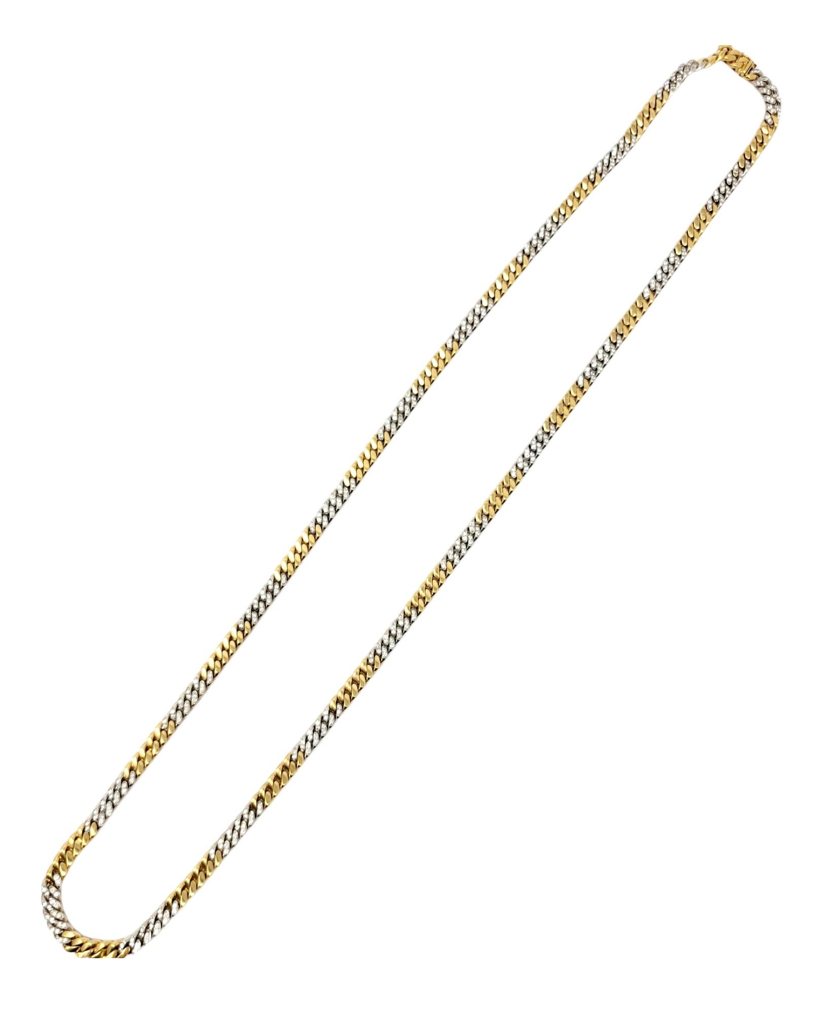 Round Cut 36” Diamond and 18 Karat Yellow and White Gold Heavy Station Cuban Link Necklace For Sale