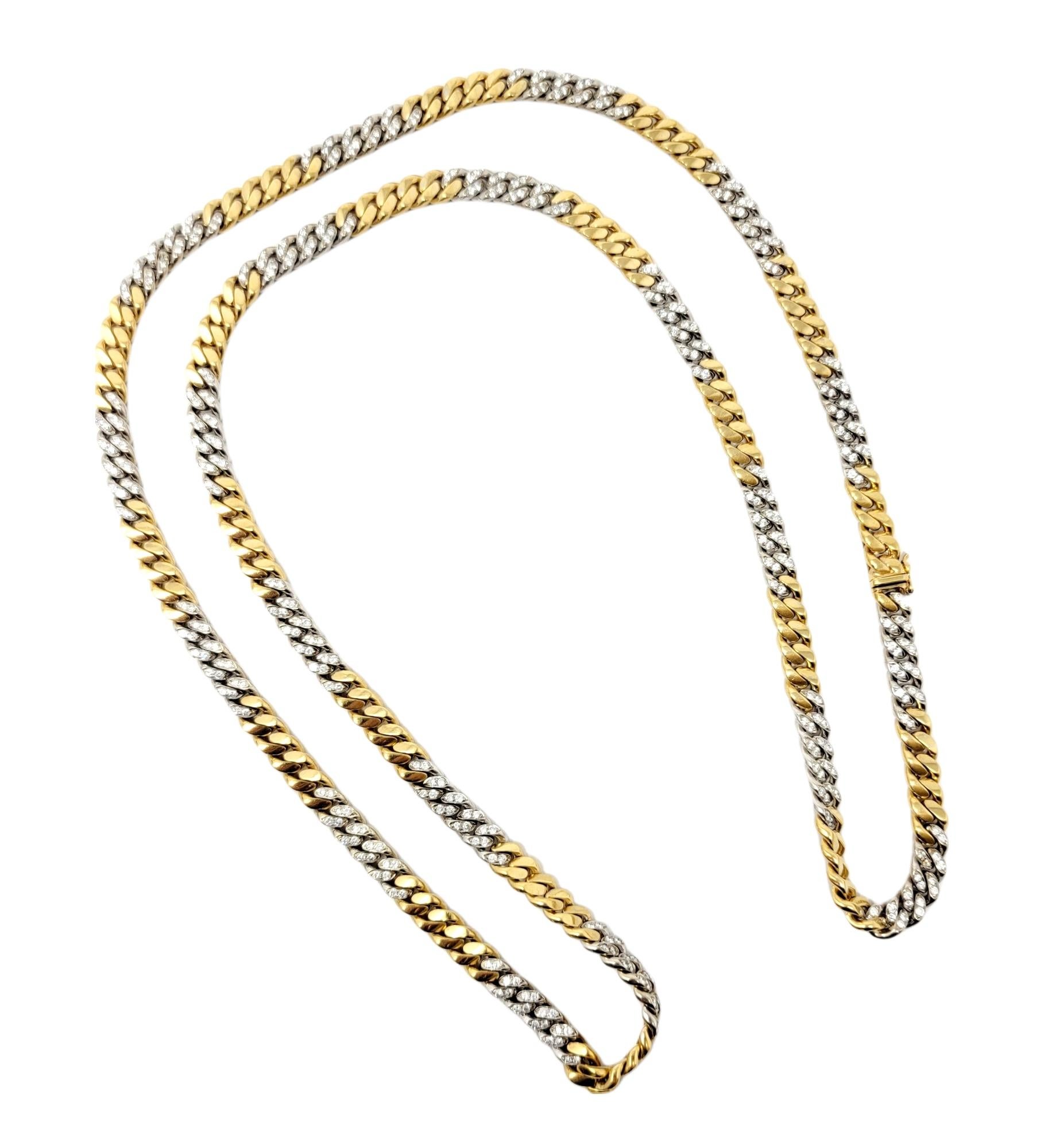36” Diamond and 18 Karat Yellow and White Gold Heavy Station Cuban Link Necklace In Good Condition For Sale In Scottsdale, AZ