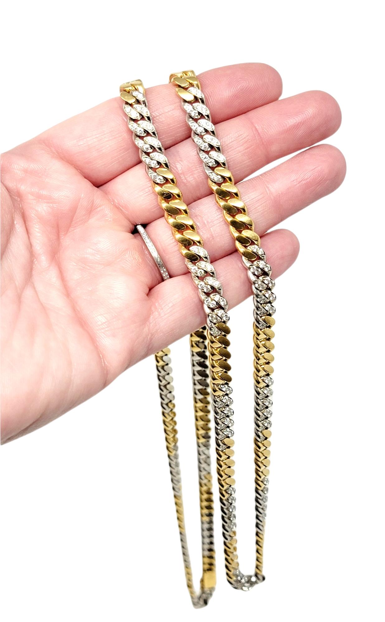Women's or Men's 36” Diamond and 18 Karat Yellow and White Gold Heavy Station Cuban Link Necklace For Sale