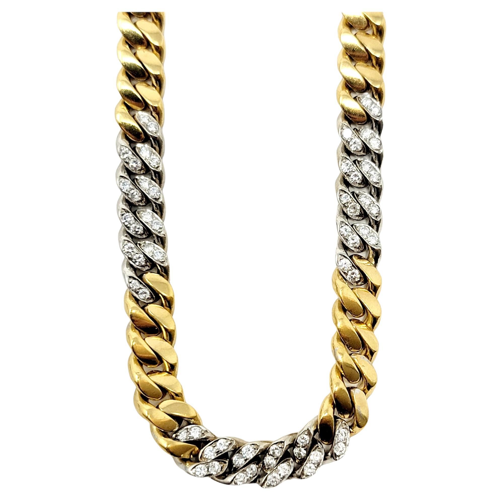 36” Diamond and 18 Karat Yellow and White Gold Heavy Station Cuban Link Necklace For Sale